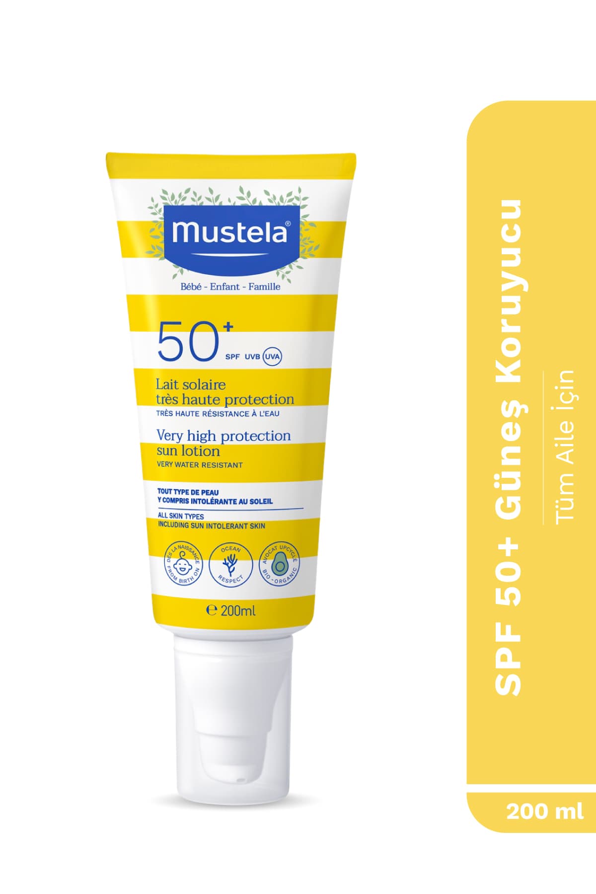 Mustela SPF 50+Yüksek Koruma Yüz Vücut Güneş Koruyucu Suya Dayanıklı Bebek Çocuk Yetişkin 200ml