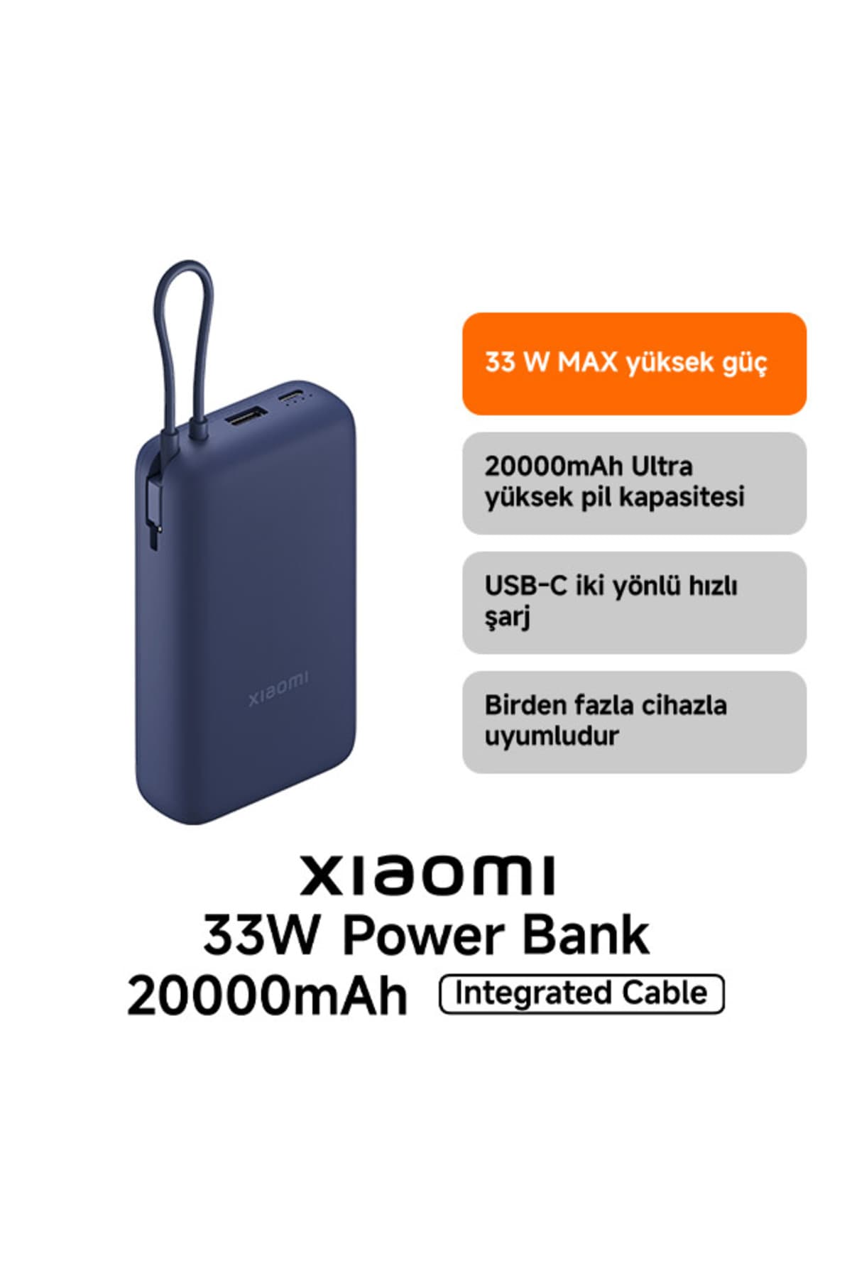 Xiaomi Power Bank USB ve USB-C Portu ve USB-C Entegre Kablo 20000mAh 33W BHR8975GL - Mavi