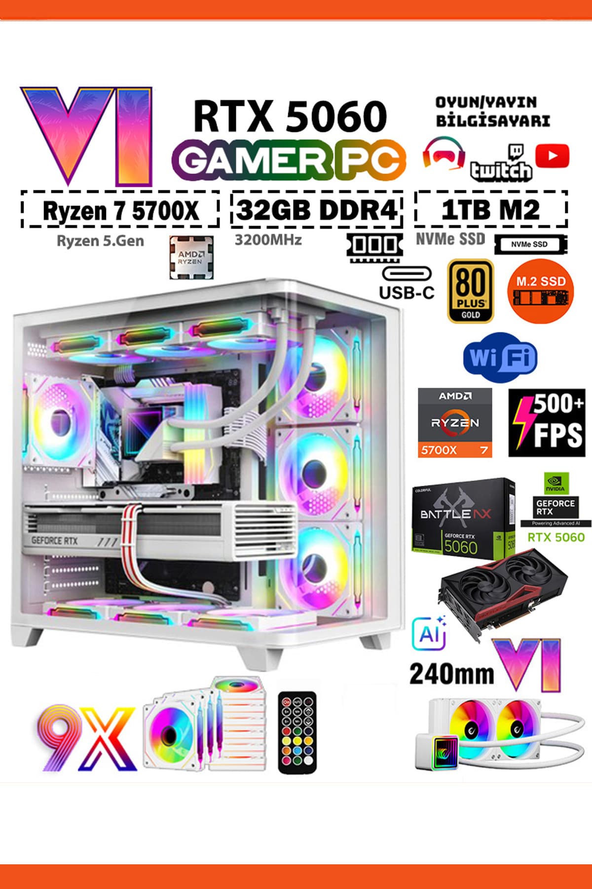Zeiron Mirage X50 Pro White RTX5060 8GB ∣ R7 5700X ∣ 32GB RAM ∣ 1TB M.2 SSD Sıvı Soğutmalı Oyun Bilgisayarı