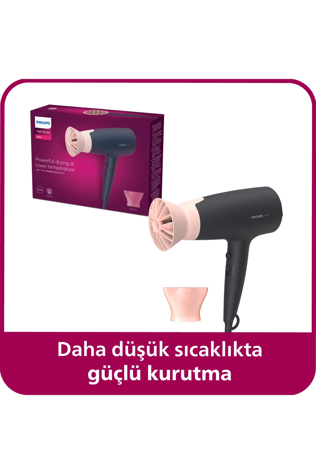 Philips 3000 Serisi Saç Kurutma Makinesi, 2100w, 6 ısı & hız ayarı, ThermoProtect aparatı, BHD350/06