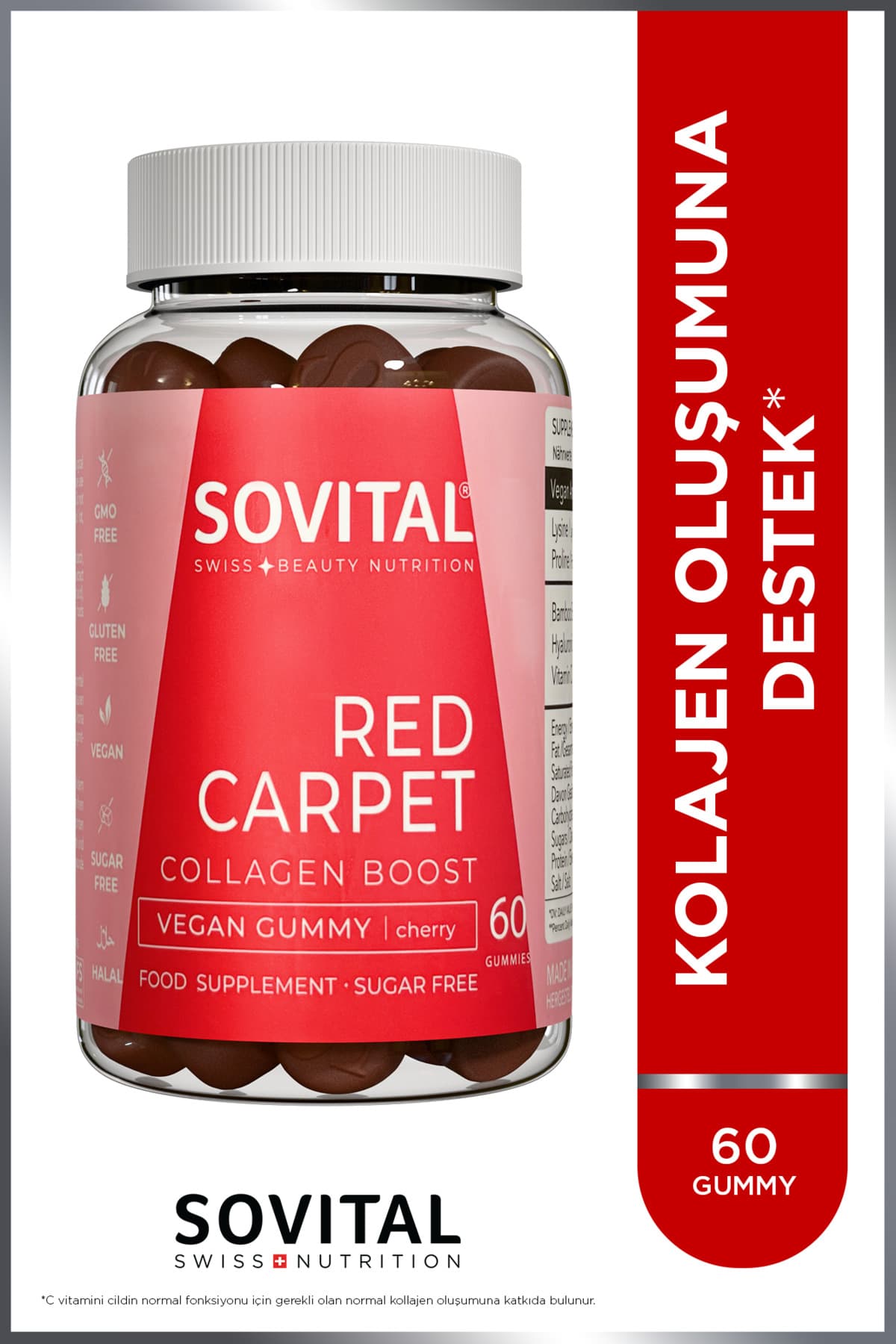 SOVITAL Red Carpet Kolajen Oluşumuna Destek Vişne Aromalı,Çiğnenebilir,Vegan,Şekersiz 60 Gummy