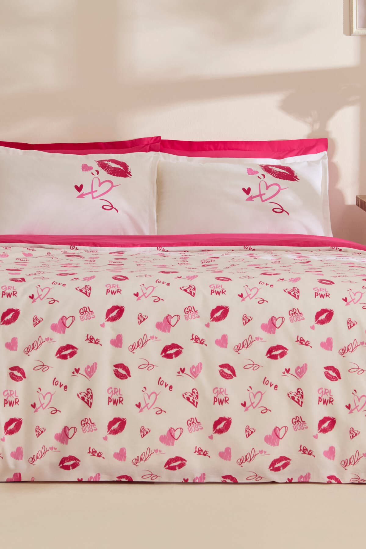Karaca Home Luvio Kalp Desenli %100 Pamuk Çift Kişilik Nevresim Takımı Pembe