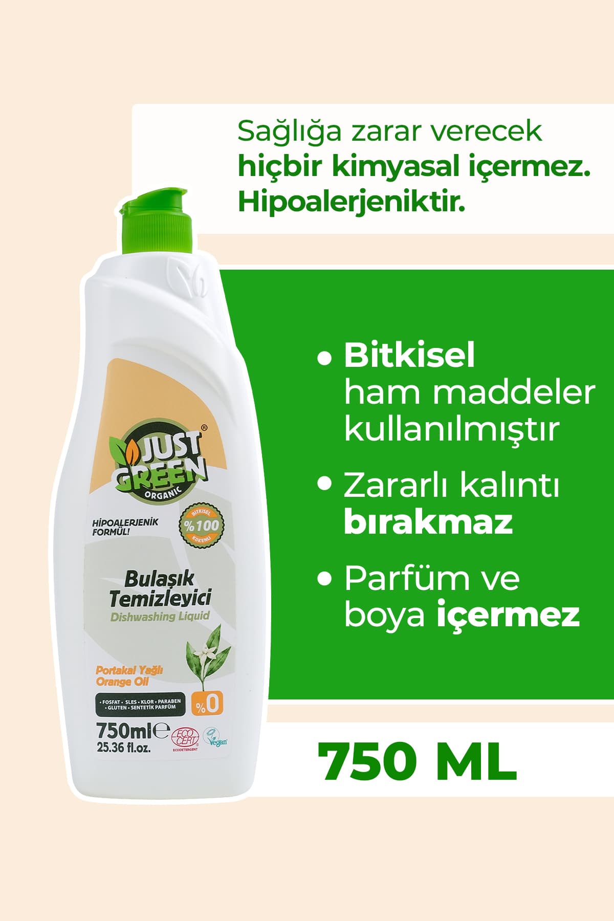 Just Green Organic Bitkisel Elde Bulaşık Deterjanı Portakal Yağlı - %100 Doğal Ve Ferah Temizlik (750 ML) Yerli Üretim