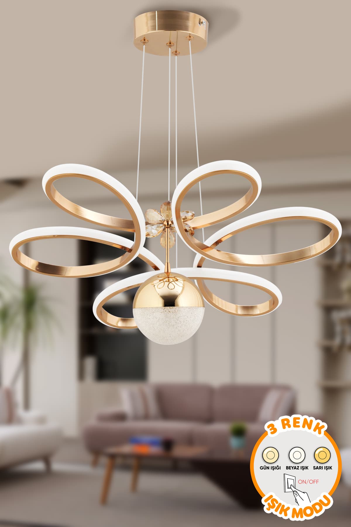 Dekorluna Alvaro Gold Kaplama Modern Sarkıt 3 Renk Işık Power Led Avize Salon Mutfak Oda Hol Ledli Avize