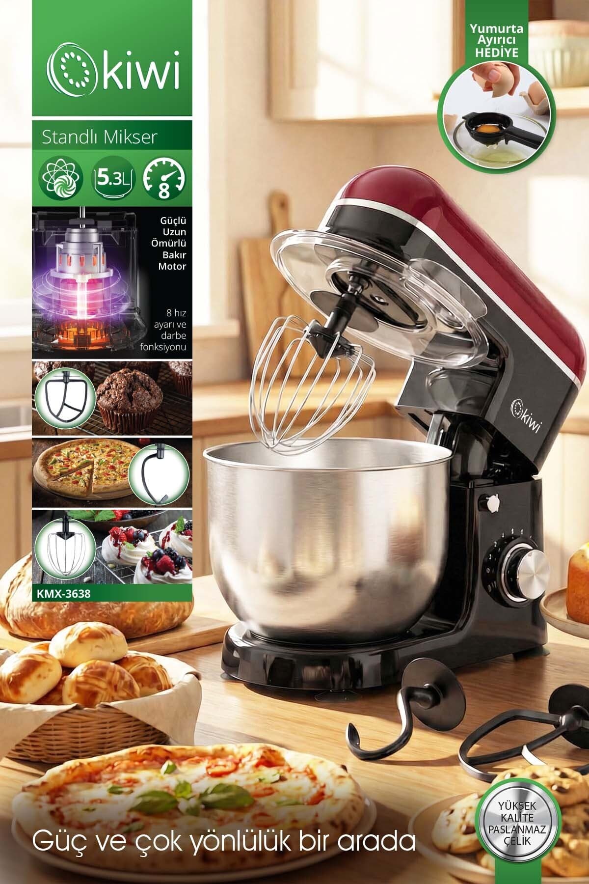 Kiwi Kmx-3638 Hamur Yoğurma & Stand Mikser 5,3 Lt 1300w 8 Hız Kademeli Mutfak Şefi Kırmızı