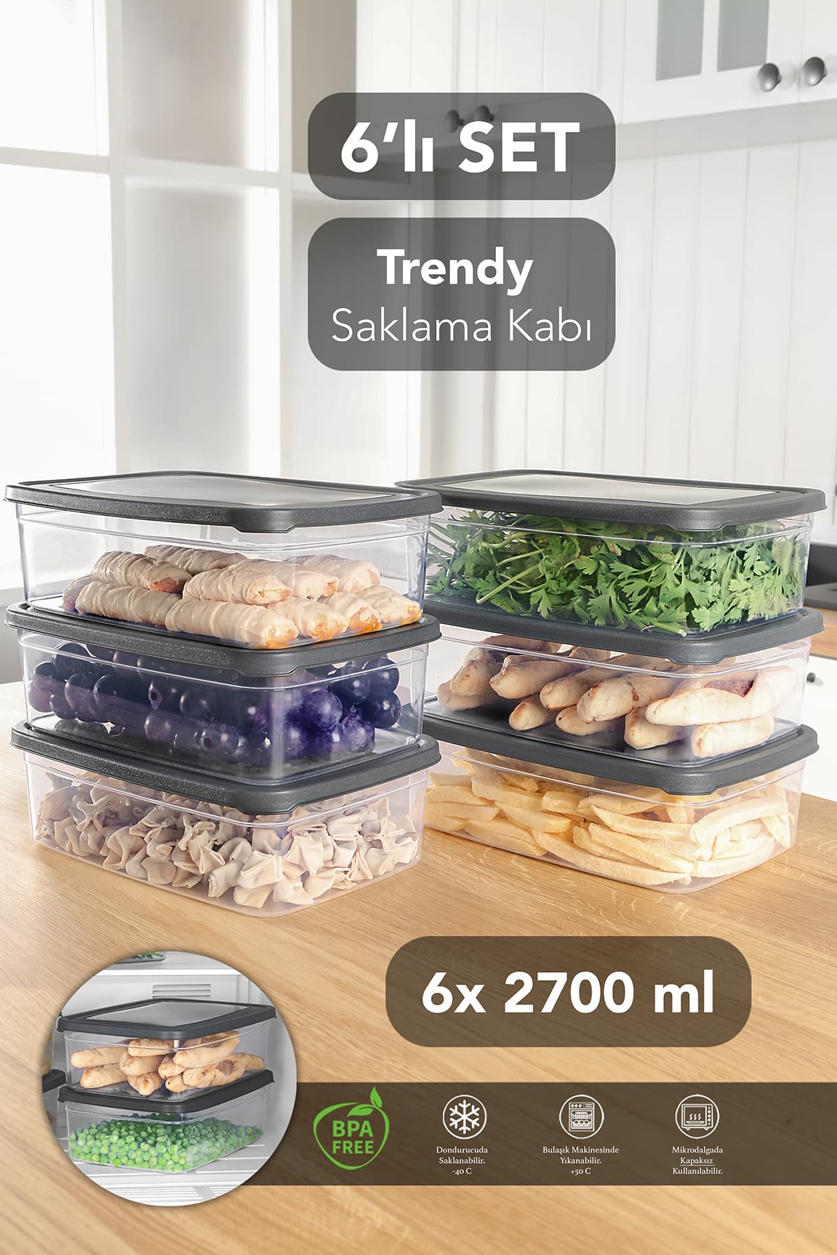 Meleni Home 6 Adet Dikdörtgen Erzak Saklama Kabı - Mikrodalgaya Uygun Düzenleyici Organizer 2,7 Lt Gri