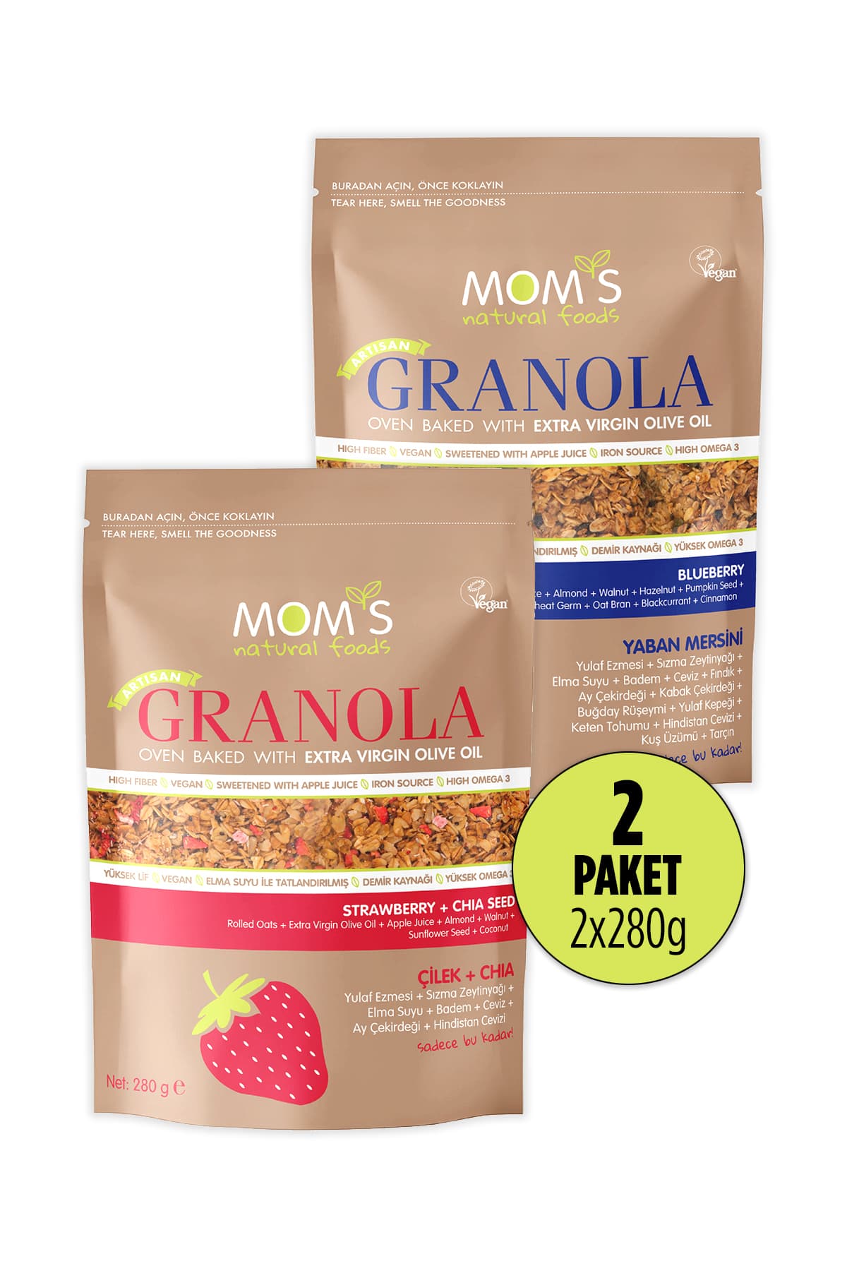 Mom's Natural Foods 2'li Granola - Çilek Chia 280 G - Yabanmersini 280 G