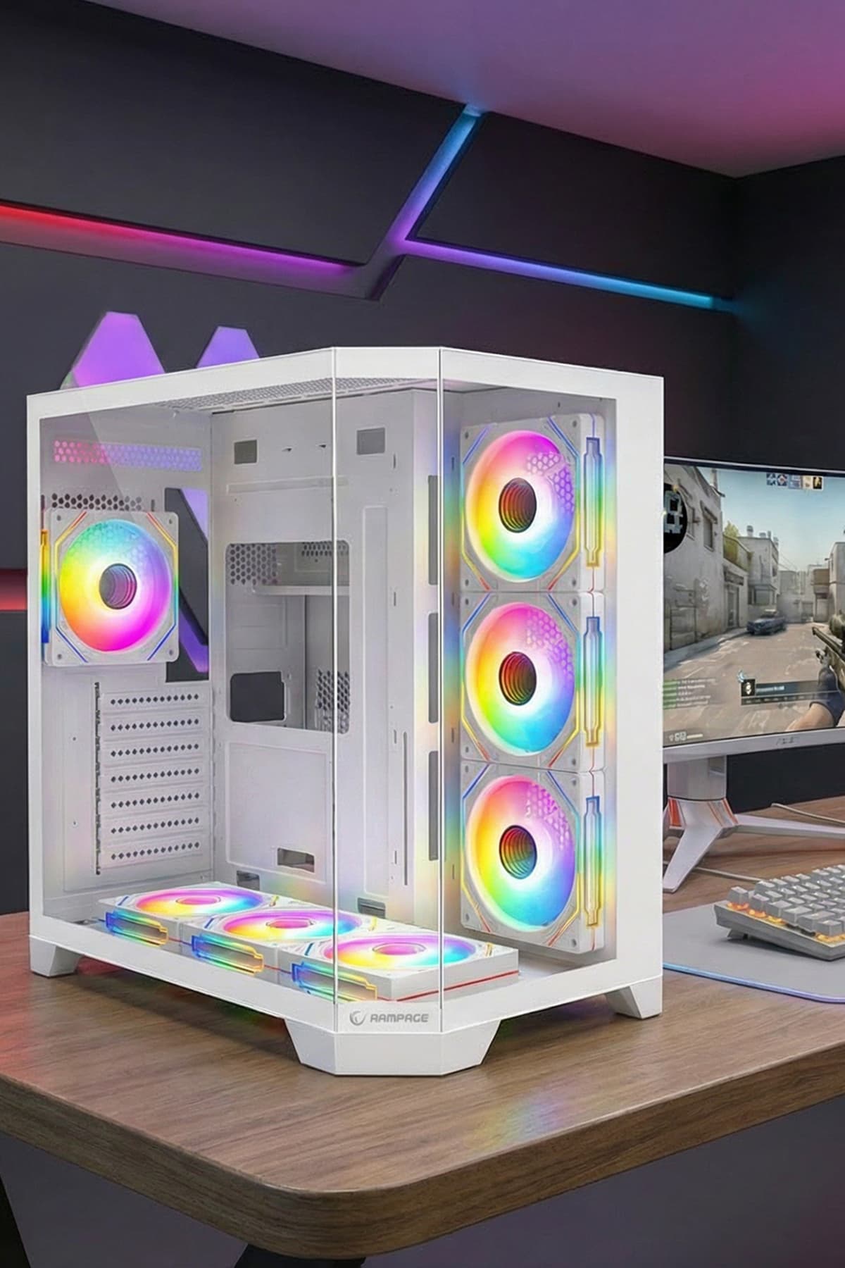 Rampage MEGA V1 850W 80 Plus Bronze 3 Taraf Temp. Camlı 7x12cm ARGB Fan+Kumanda Beyaz Oyuncu Kasası