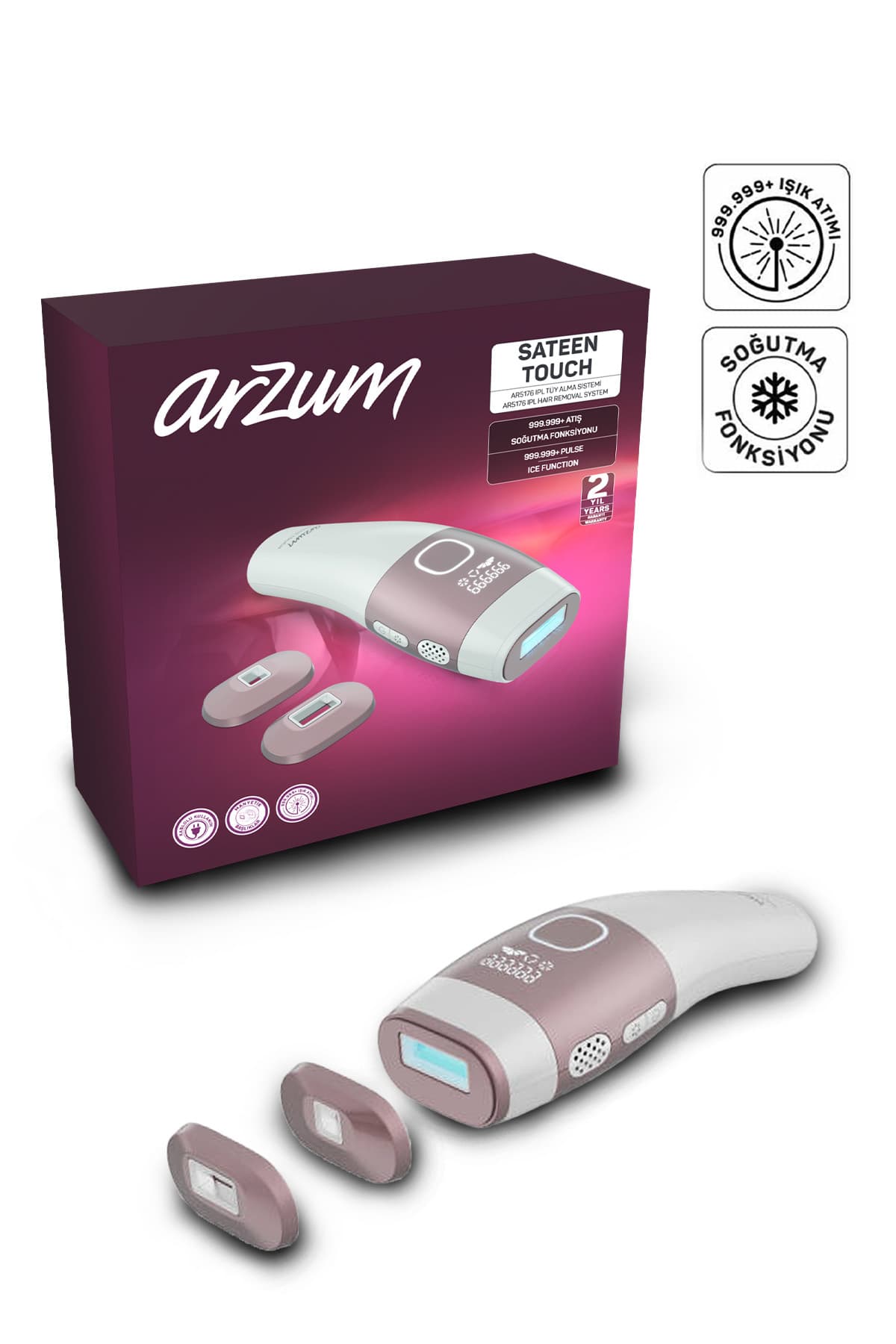 Arzum AR5176 SateenTouch IPL Lazer Epilasyon, 999.999 Atım,Evde Tüy Alma,Soğutmalı, 5 Kademe, Otomatik Mod