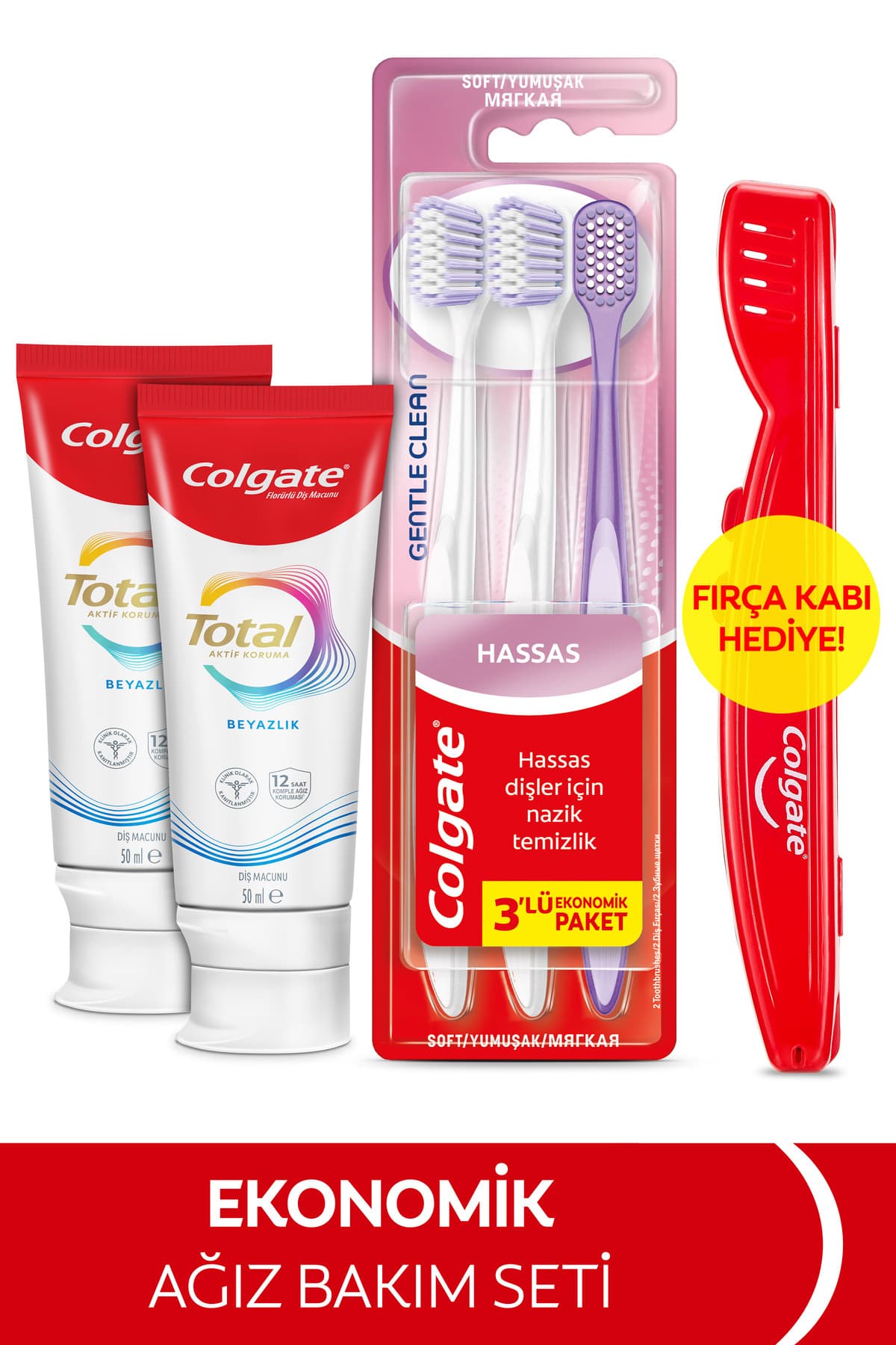 Colgate Total Whitening 50 ml 2'li Diş Macunu, Gentle Clean 2+1 Diş Fırçası Ağız Bakımı + Fırça Kabı