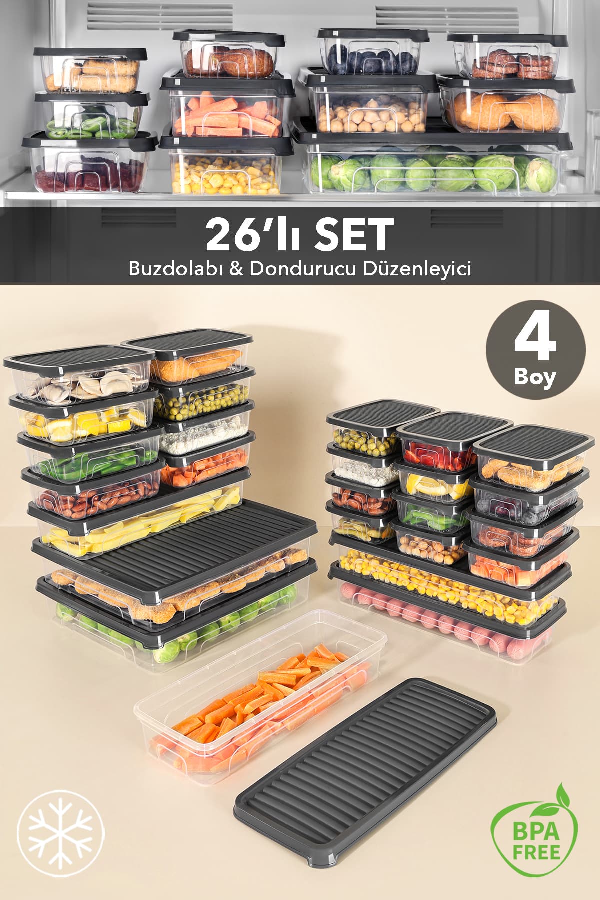 Meleni Home 26'lı Buzdolabı Organizer Set - Difrize Uygun Düzenleyici Buzluk Saklama Kabı Antrasit
