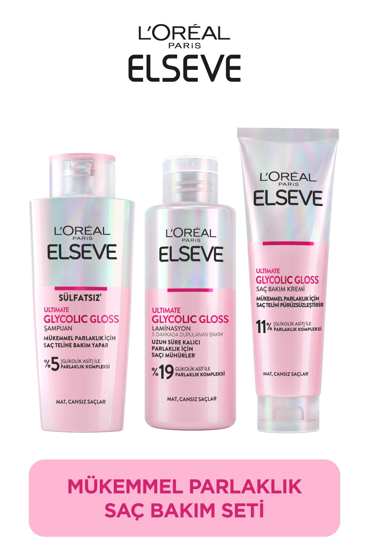 Elseve Ultimate Glycolic Gloss Mükemmel Parlaklık 3'lü Saç Bakım Seti: Şampuan , Saç Kremi, Laminasyon