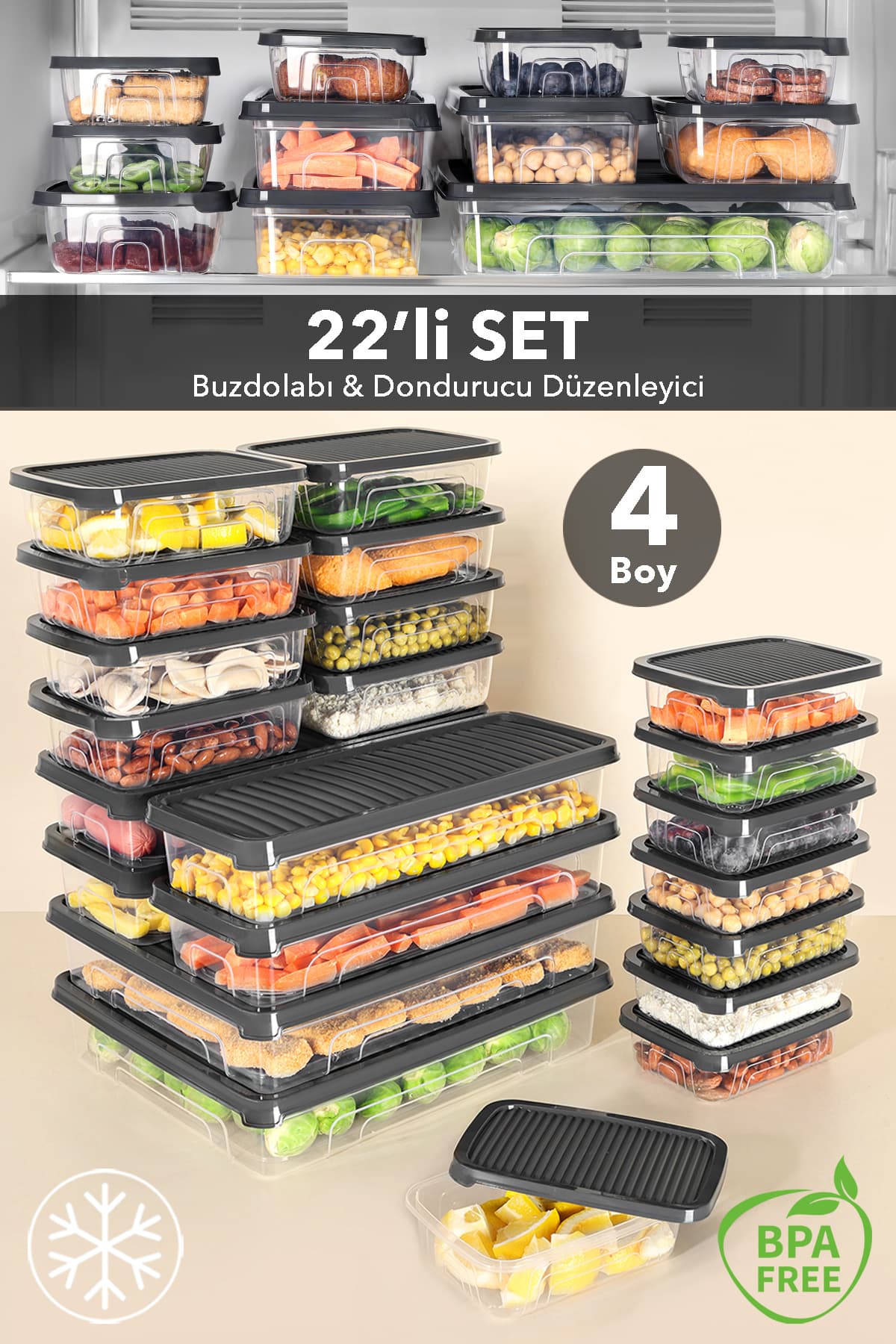 Meleni Home 22'li Buzdolabı Organizer Set - Difrize Uygun Düzenleyici Buzluk Saklama Kabı Antrasit