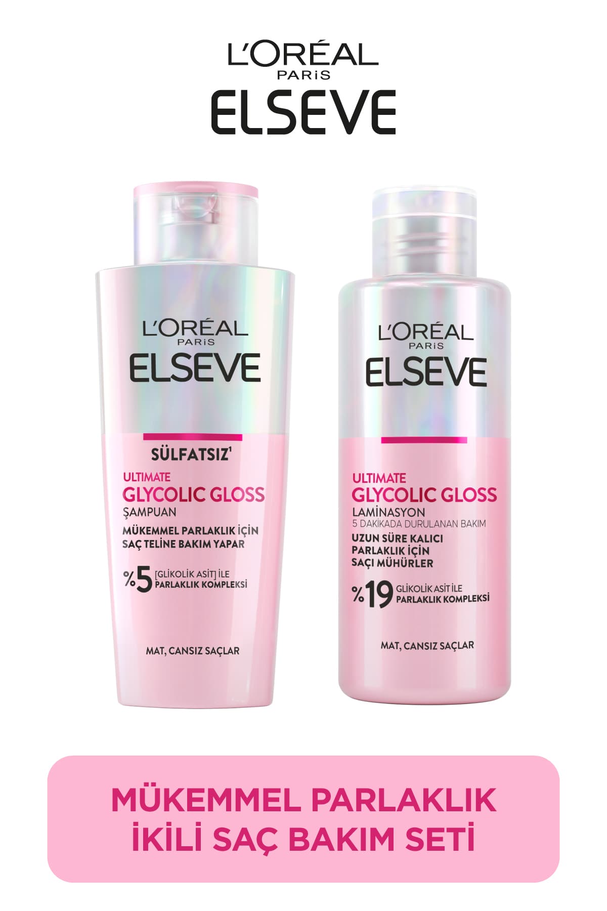 Elseve Ultimate Glycolic Gloss Mükemmel Parlaklık 2'li Saç Bakım Seti: Şampuan & Laminasyon Bakım