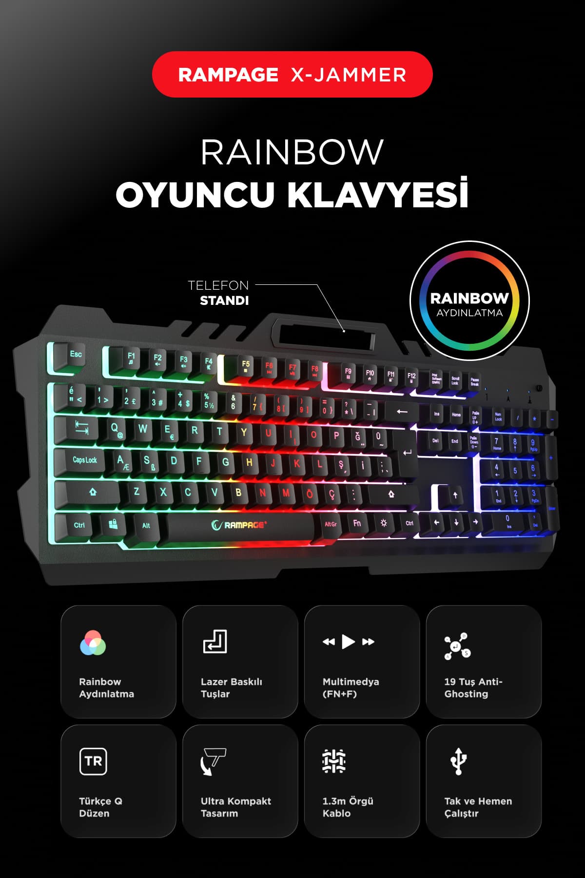 Rampage Kb-R57 X-jammer Gökkuşağı Aydınlatmalı Usb Tam Türkçe Gaming Oyuncu Klavyesi
