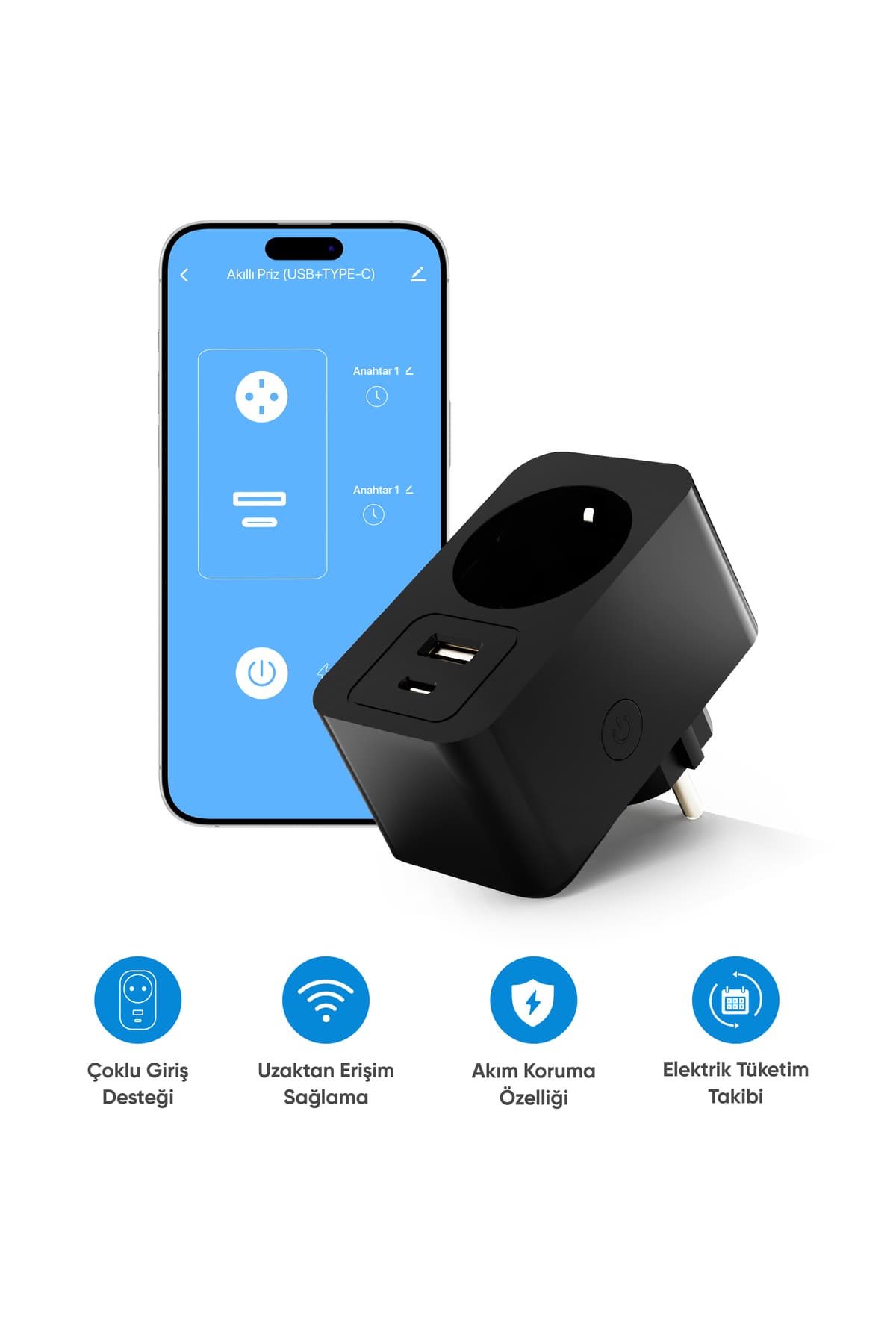 Şımart Akıllı Wi-fi Priz Usb Type-c Akım Korumalı Uzaktan Kontrol