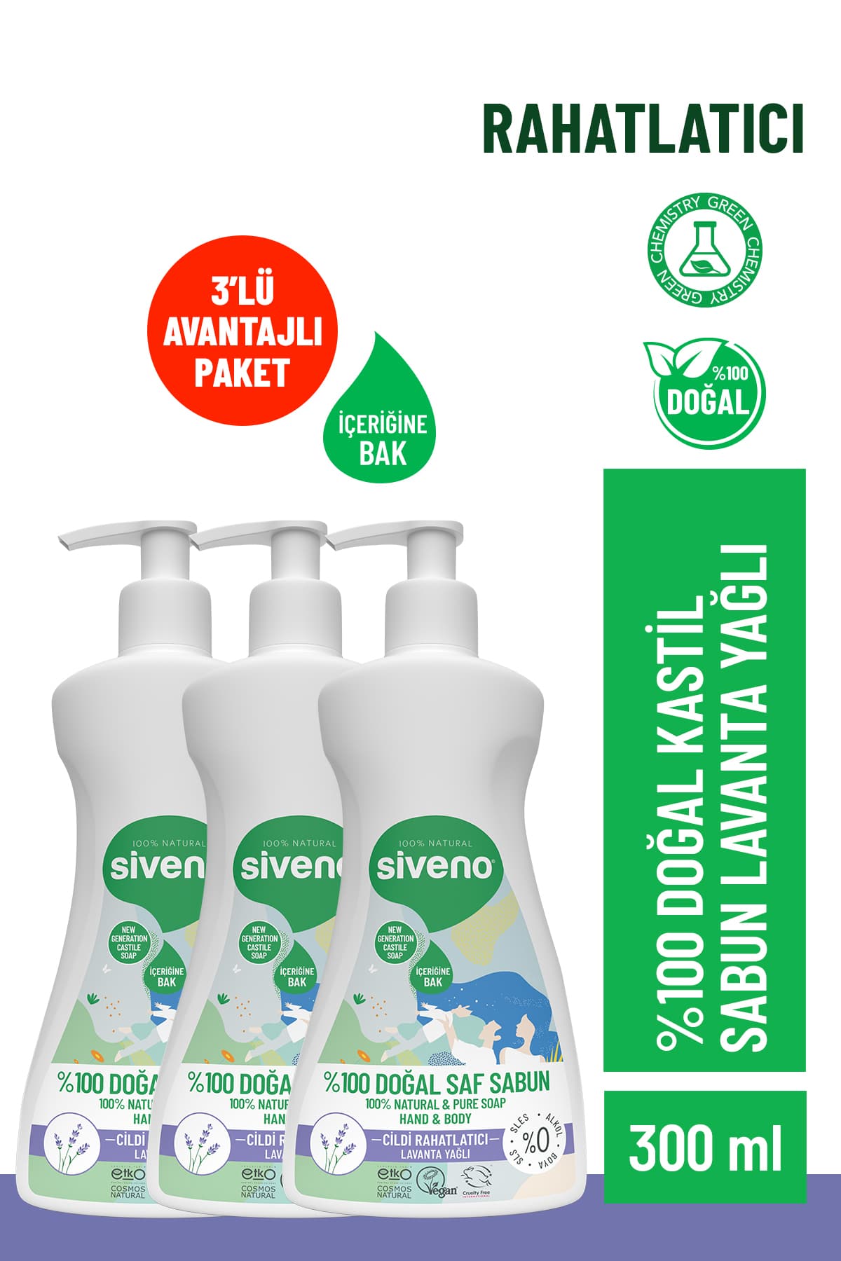 Siveno %100 Doğal Sıvı Kastil Sabun Lavanta Yağlı Yoğun Nemlendirici Arındırıcı 300 ml X 3 Adet