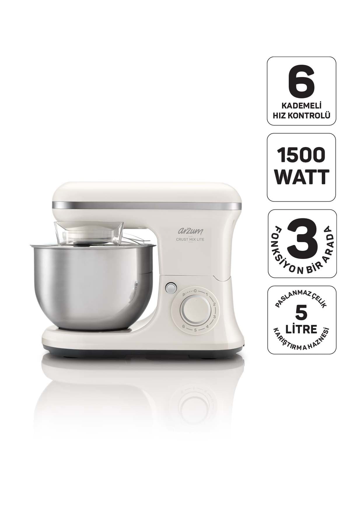 Arzum AR1189 Crust Mix Lite Stand Mikser 5L Kapasiteli 3 Farklı Aparat 1500W, Beyaz