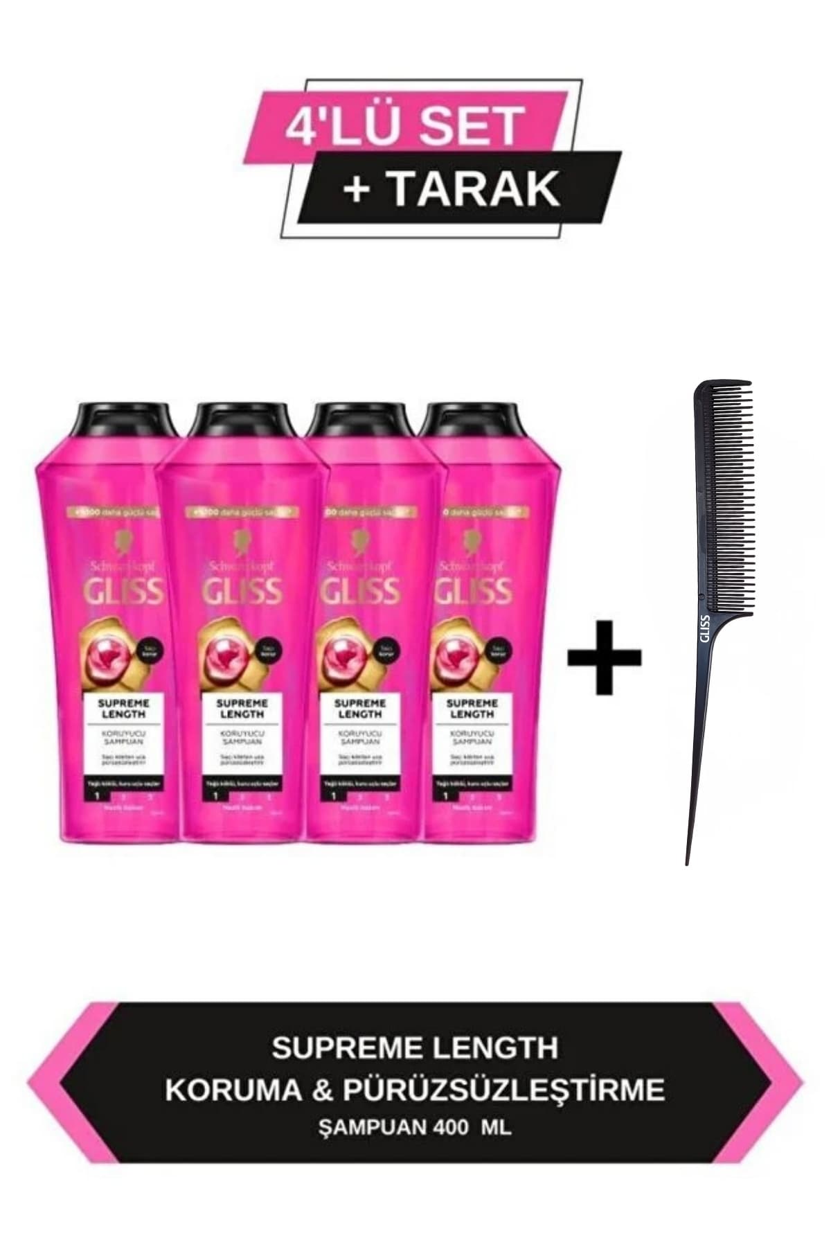 Gliss Supreme Length Uzun Saçlara Özel Şampuan 400 ml X4 Adet + Tarak Hediyeli