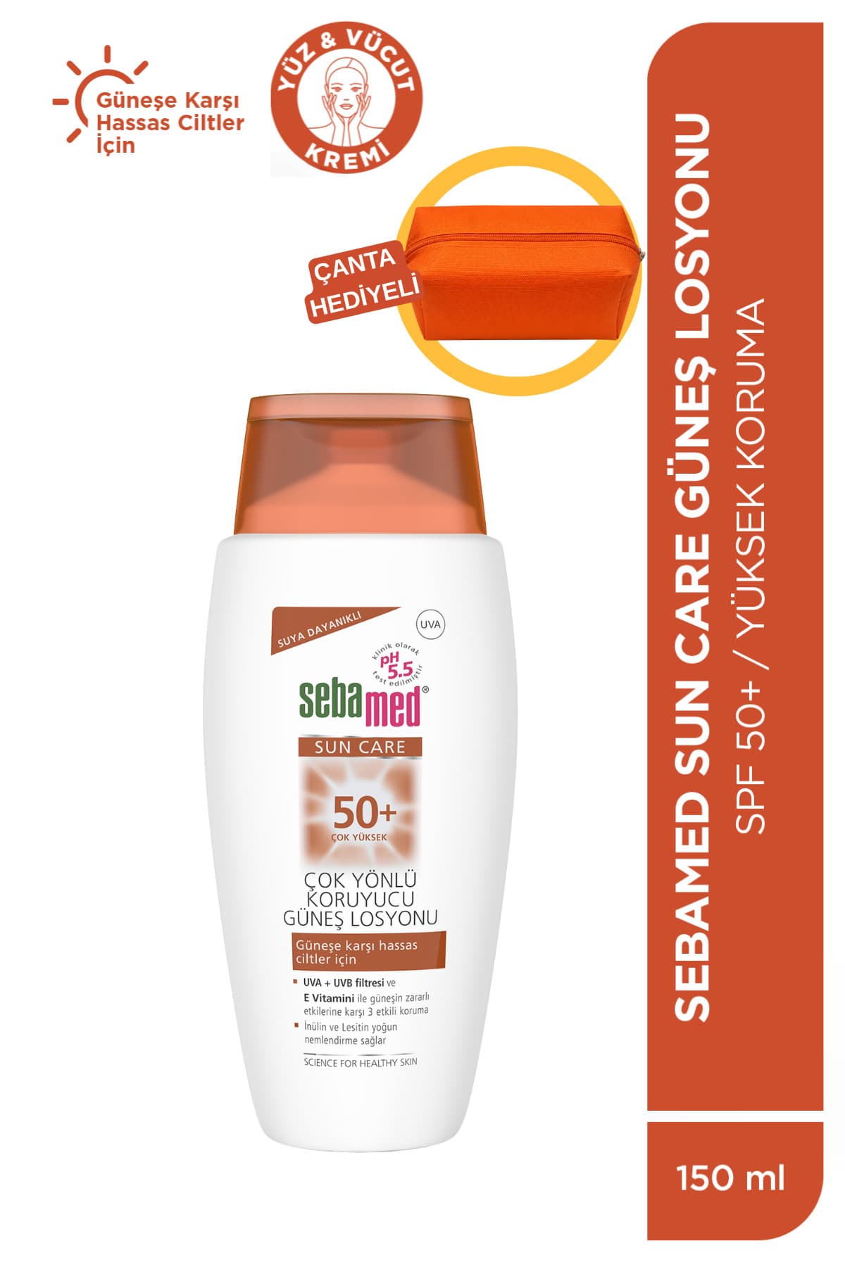 Sebamed Güneş Losyonu SPF 50+ 150 ml UVA UVB Filtreli E Vitamini Üçlü Yüksek Koruma Makyaj Çantası Hediyeli
