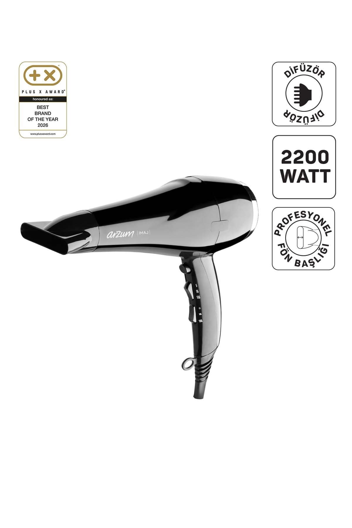 Arzum AR5011 İmaj Saç Kurutma Makinesi, 2 Hız 3 Isı Ayarlı, Difüzör Başlıklı, 2200W, Siyah