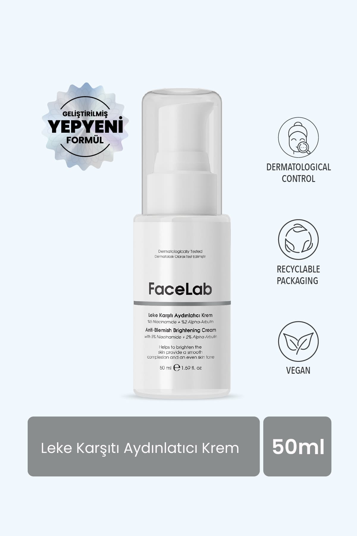 FaceLab Leke Karşıtı Niacinamide Alpha Arbutin Nemlendirici Cilt Bakım Kremi 50 ml | Niasinamid | Cilt Tonu Eşitleyici
