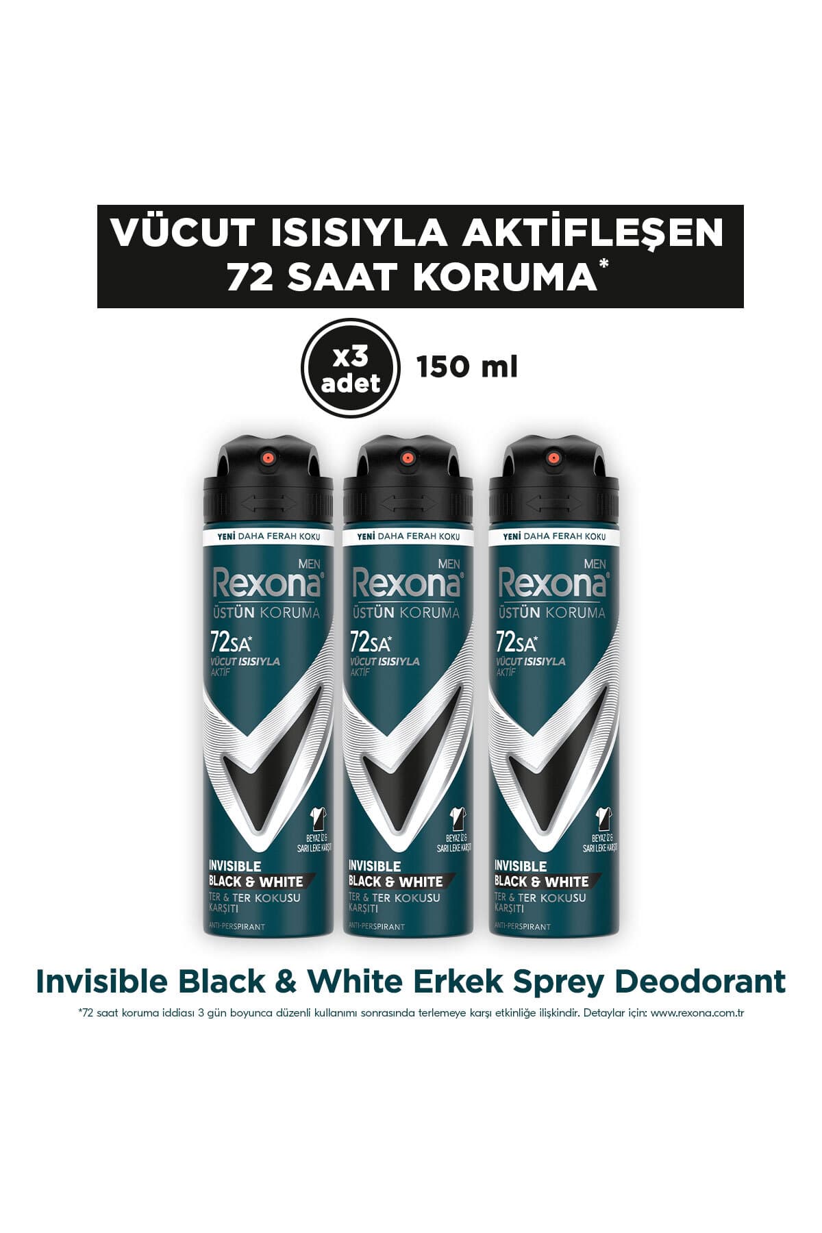 Rexona Men Erkek Sprey Deodorant Invisible Black & White 72 Saat Kesintisiz Üstün Koruma 150 ml x3