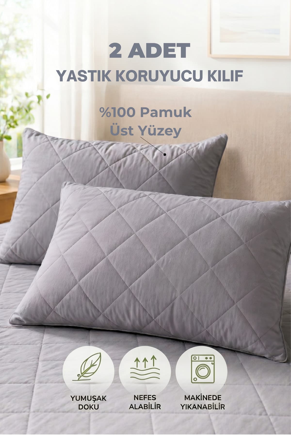 Formeya Premium 2 Adet Gri %100 Pamuk Kapitone Yastık Koruyucu Fermuarlı Yastık Alezi Kılıf Seti 50x70 cm