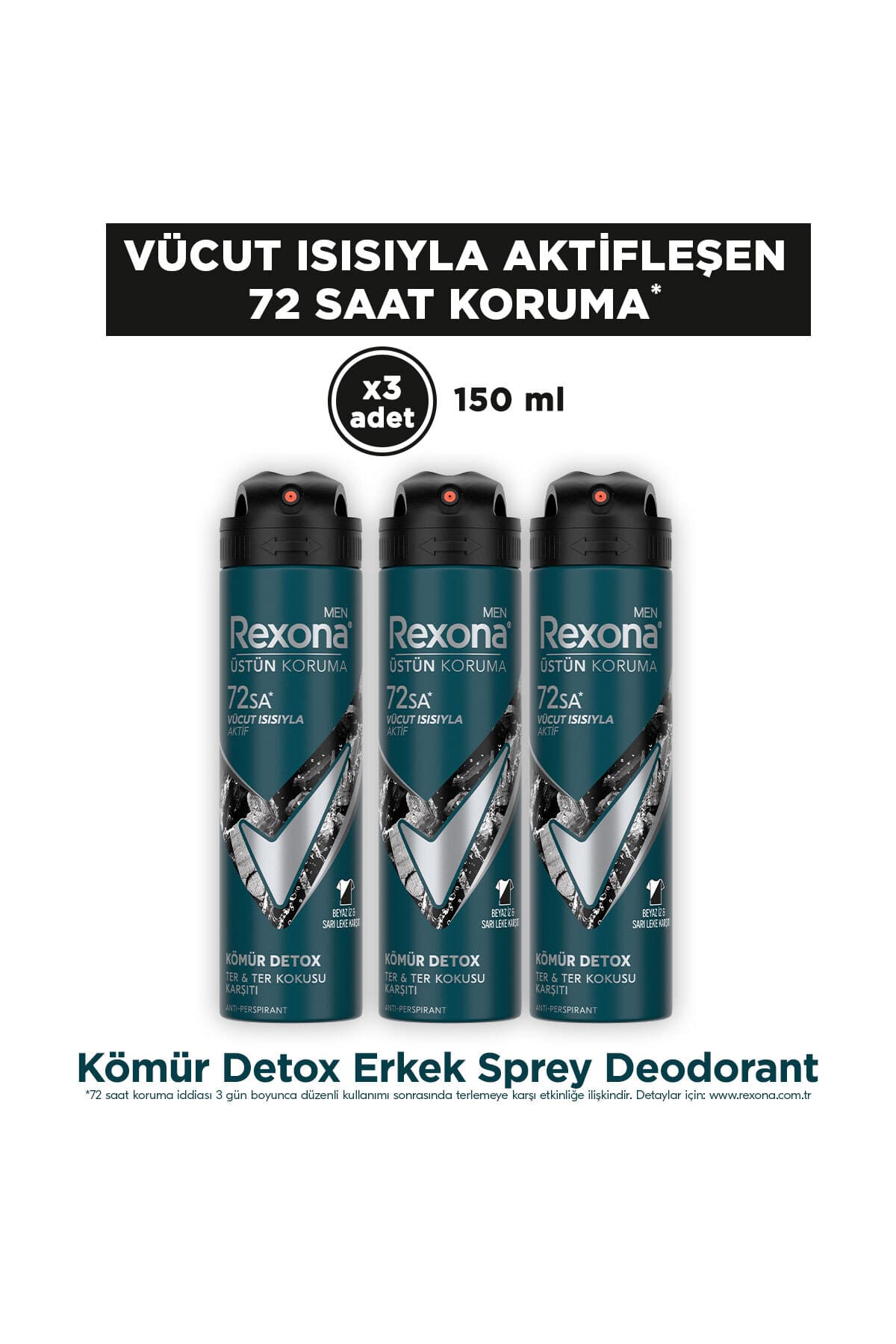Rexona Men Erkek Sprey Deodorant Kömür Detox 72 Saat Kesintisiz Üstün Koruma 150 ml x3