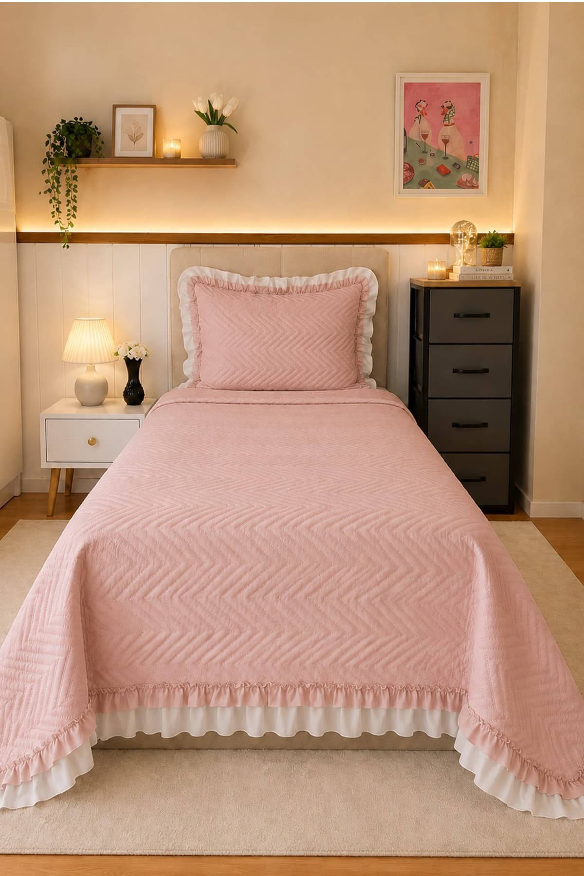 Çeyiz Diyarı Gonca Çift Taraflı Tek Kişilik Yatak Örtüsü 180x240 Pudra