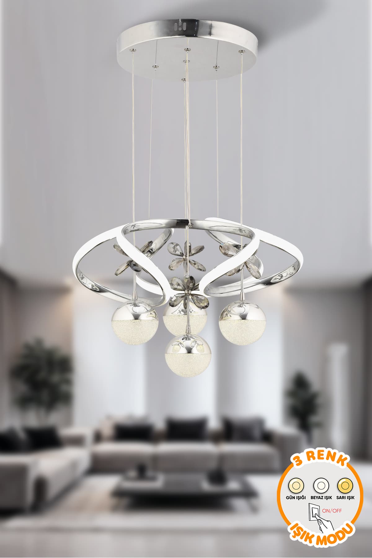 Dekorluna Modern Luvina Krom 3 Renk Işık Özellikli Power Led Kaplama Sarkıt Led Avize Salon Avize