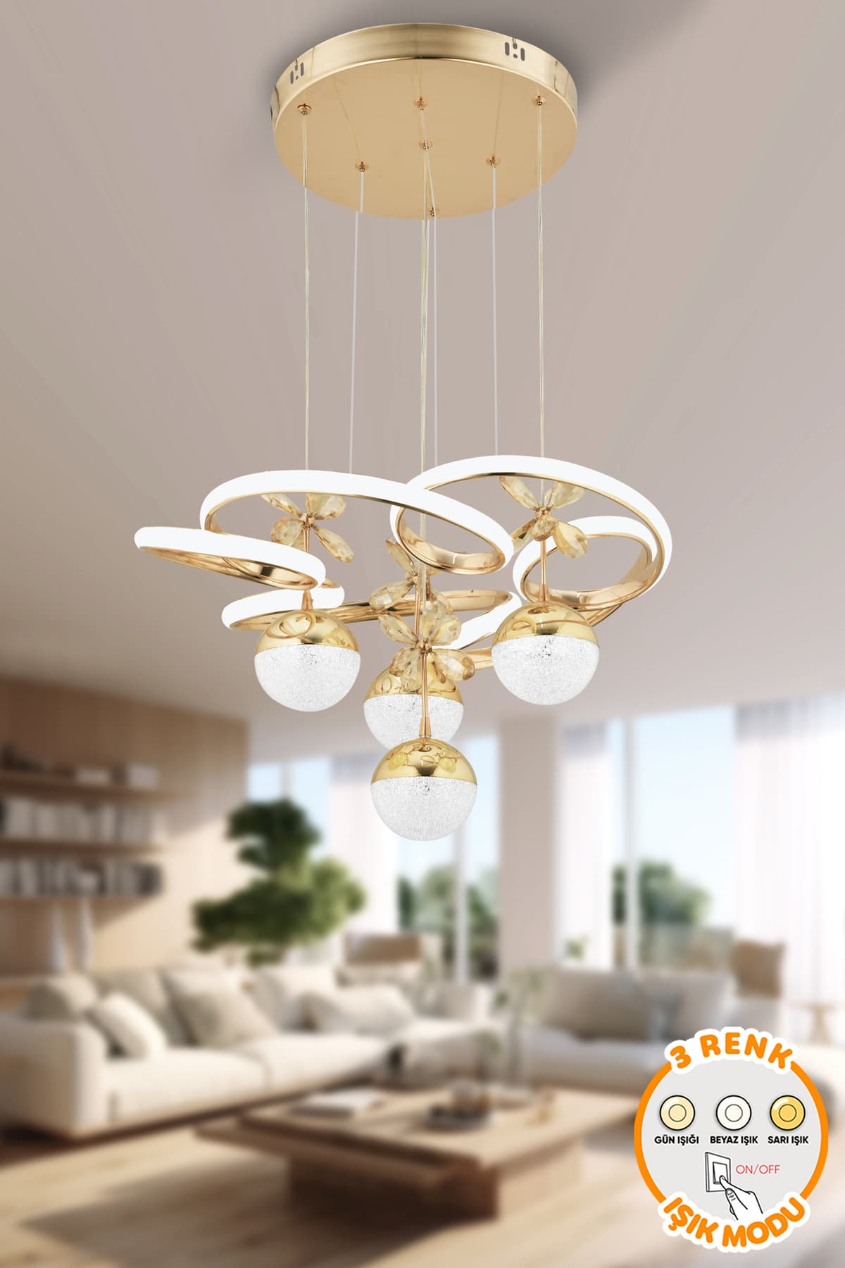 Dekorluna Henry Gold 3 Renk Işık Özellikli Modern Sarkıt Led Avize Salon Mutfak Avize
