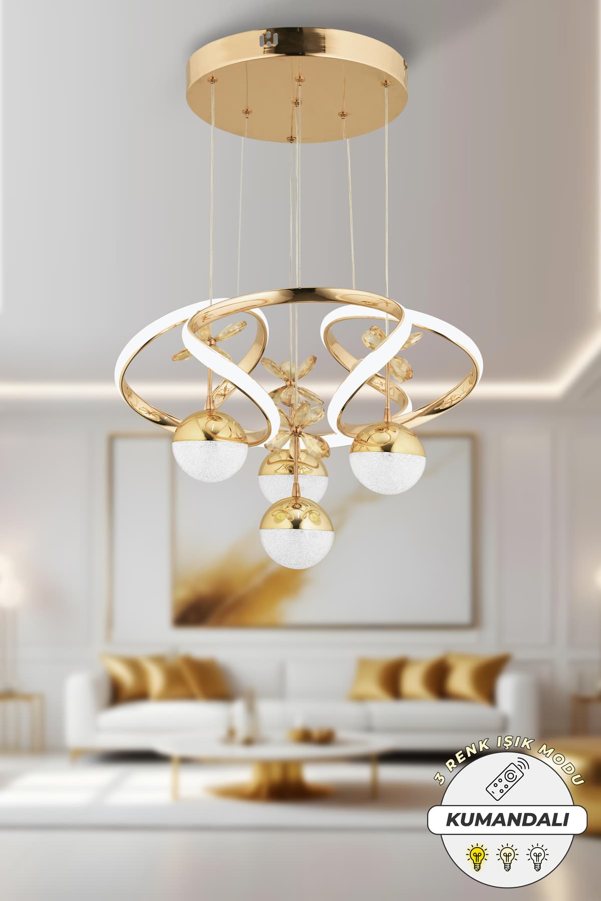 Dekorluna Octavia Kumandalı 3 Renk Işık Özellikli Dimmerli Modern Gold Kaplama Sarkıt Led Salon Mutfak Avize