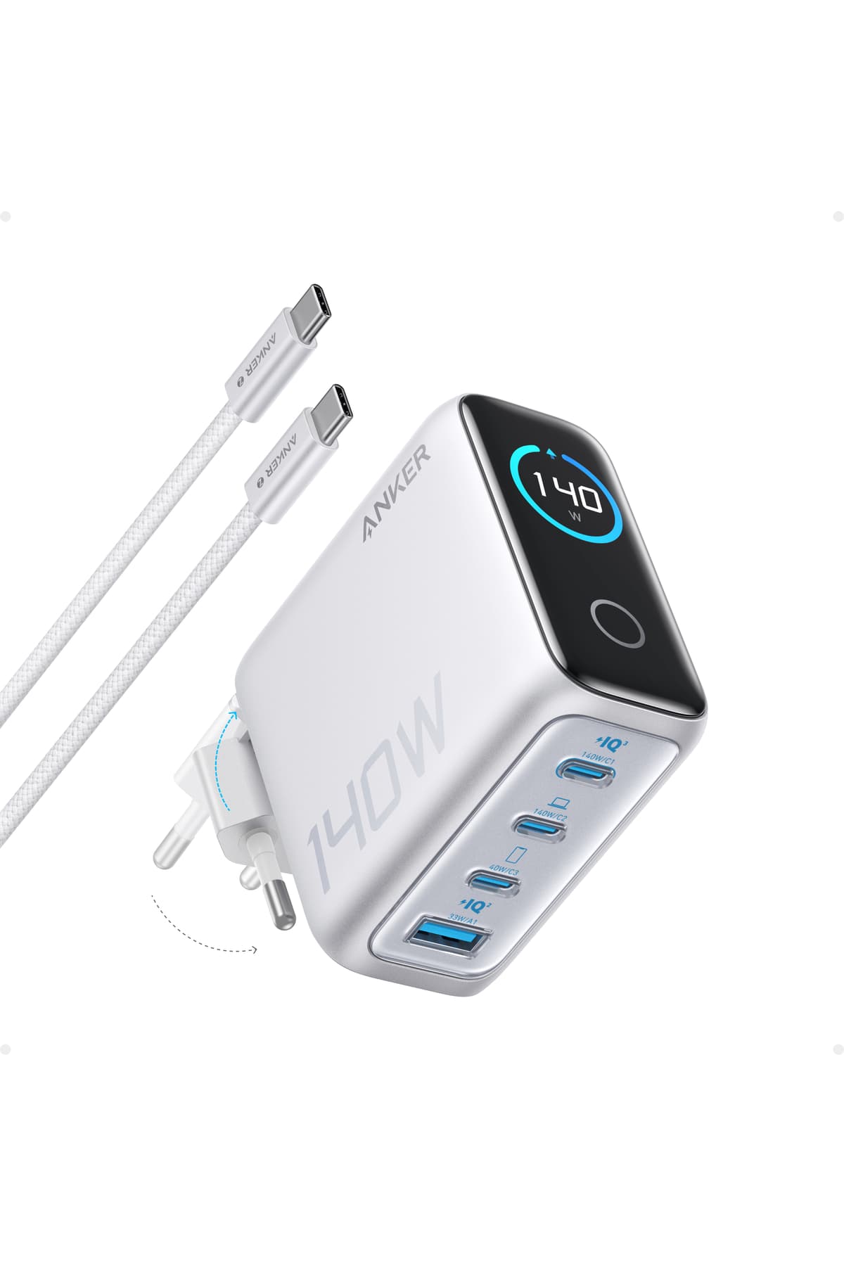 Anker 140W USB-C Şarj Cihazı, 4 Bağlantı Noktalı, Gelişmiş GaN Güç Kaynağı, Dokunmatik Kontrol, Gümüş - B2697