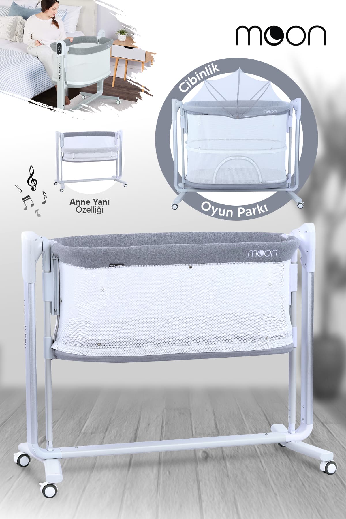 Huggy Moon Gri Akıllı Beşik – Oyun Parkı - Otomatik Sallanabilir, Sensörlü, Kumandalı Anne Yanı Beşik