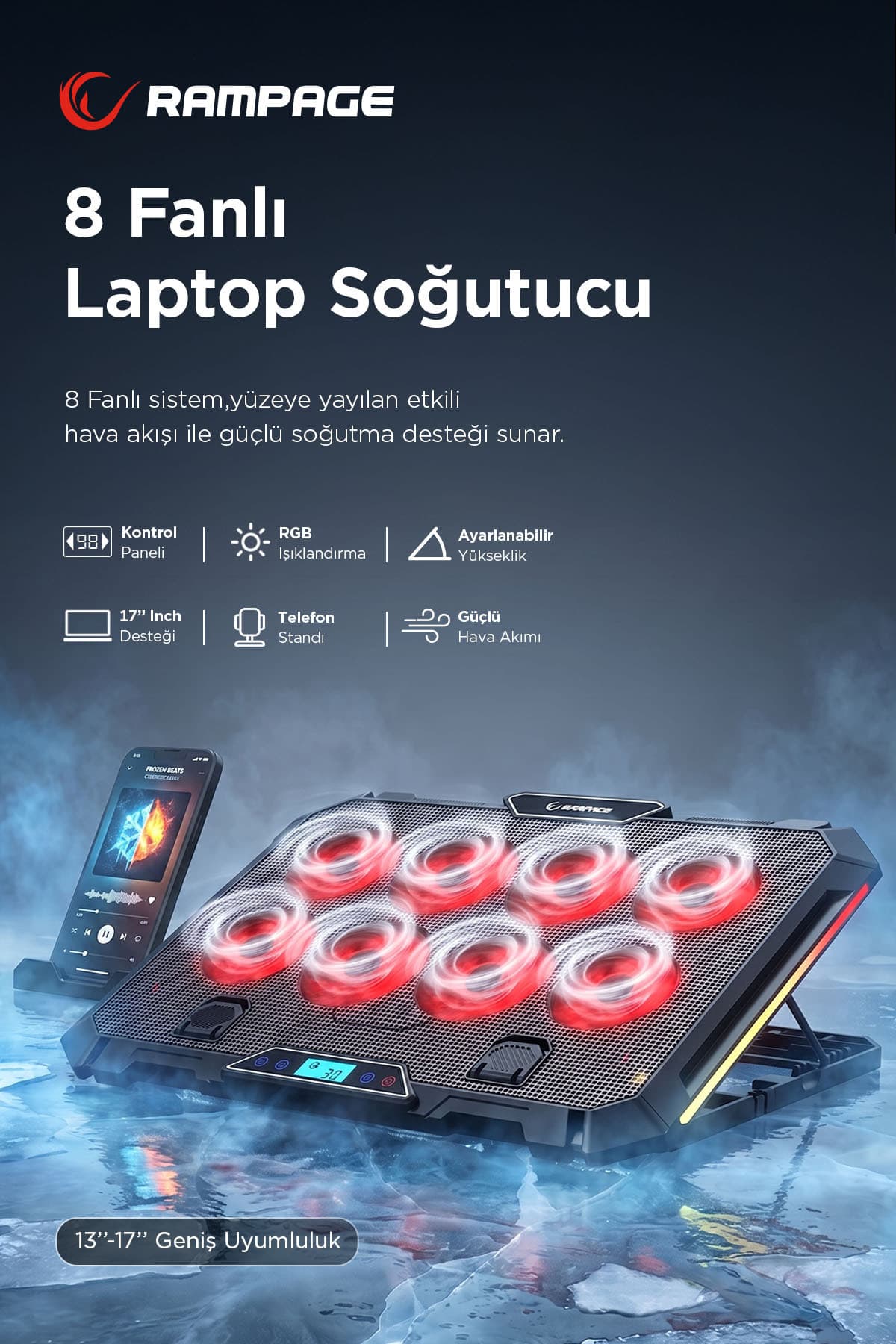 Rampage S51 Icevolt Siyah RGB Işıklı 8 Fanlı LCD Göstergeli 16'' ve Altı 2 Adet Usb Notebook Soğutucu