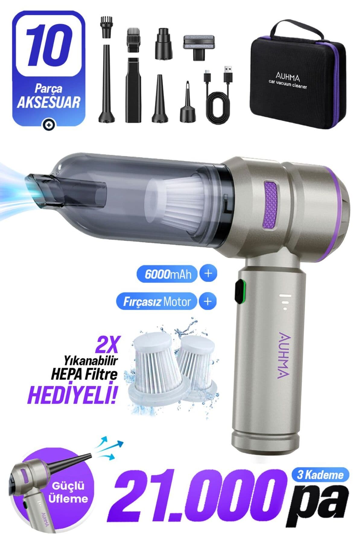 Auhma Ahv-02 Kablosuz Araç İçi Süpürge Mor | 21000Pa Güçlü Vakum | Fırçasız Motor | Üfleme & Vakum Ö