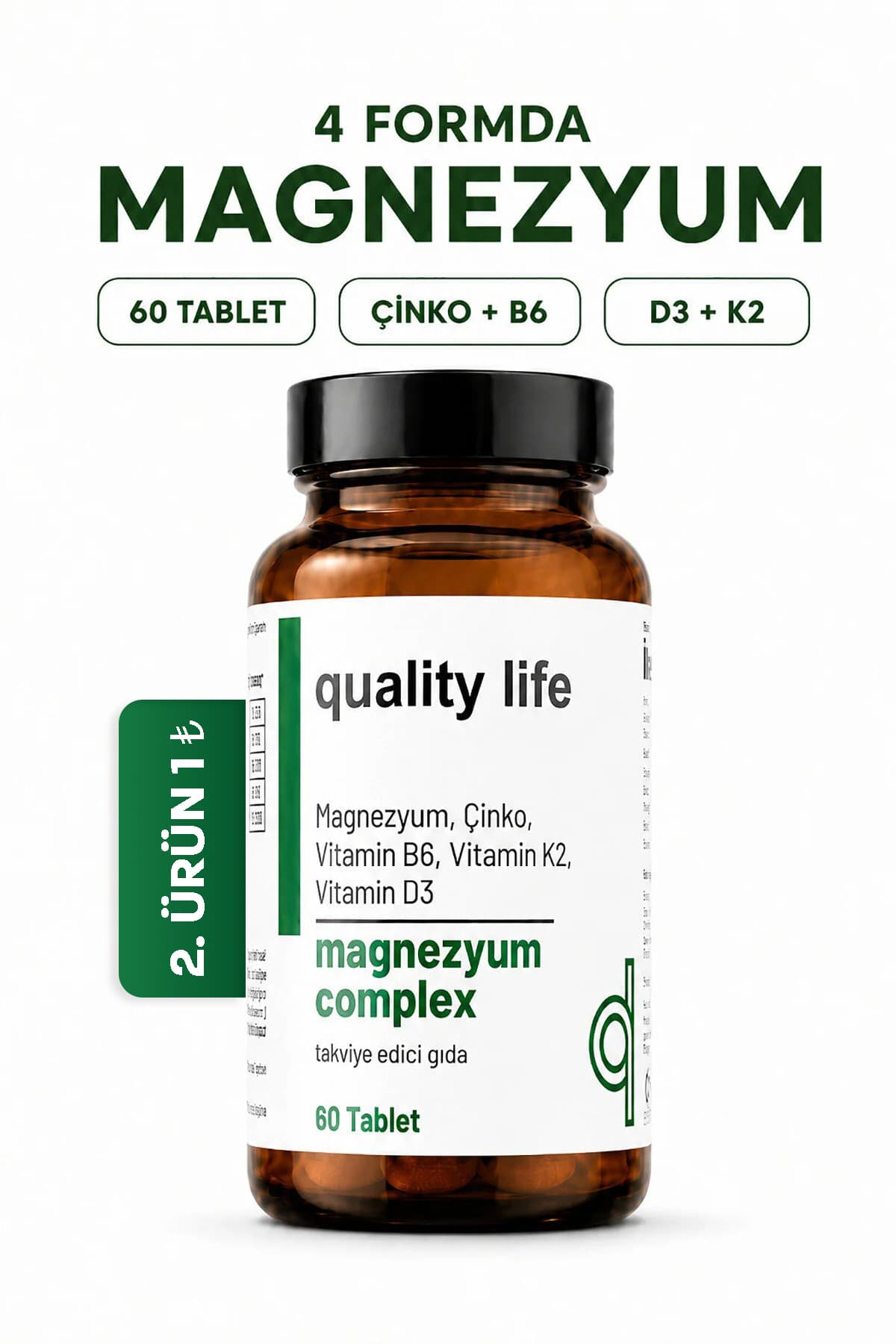 Quality Life Magnezyum Complex 4'Lü Form 60 Tablet - Bisglisinat, Malat, Sitrat, Taurat, Çinko, B3, D3, K2