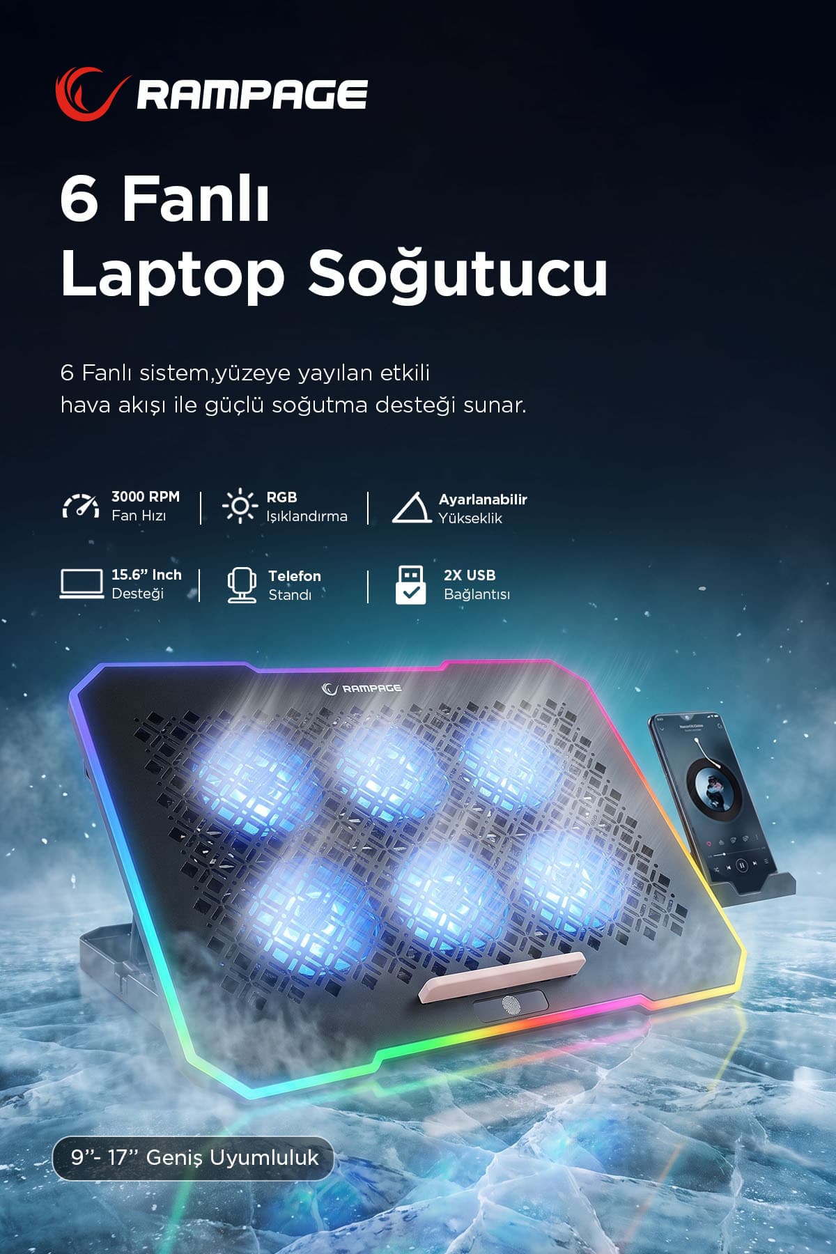 Rampage S48 Freez Rgb 6 Fan Telefon Tutuculu 15.6 Inç Notebook Laptop Soğutucu Stand