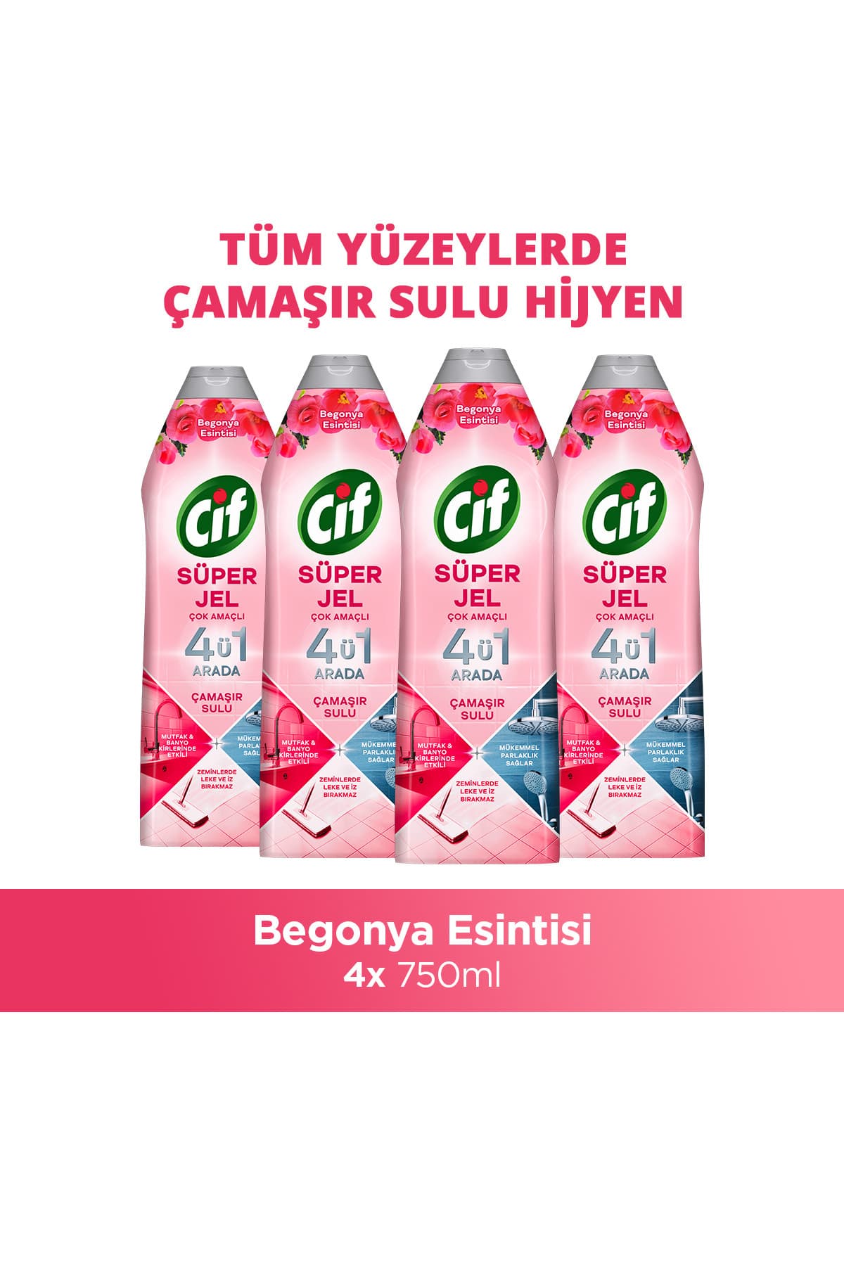 Cif Jel Tüm Yüzeyler Çiçek Ferahlığı Yüzey Temizleyici Çamaşır Suyu Katkılı 750 ml x4