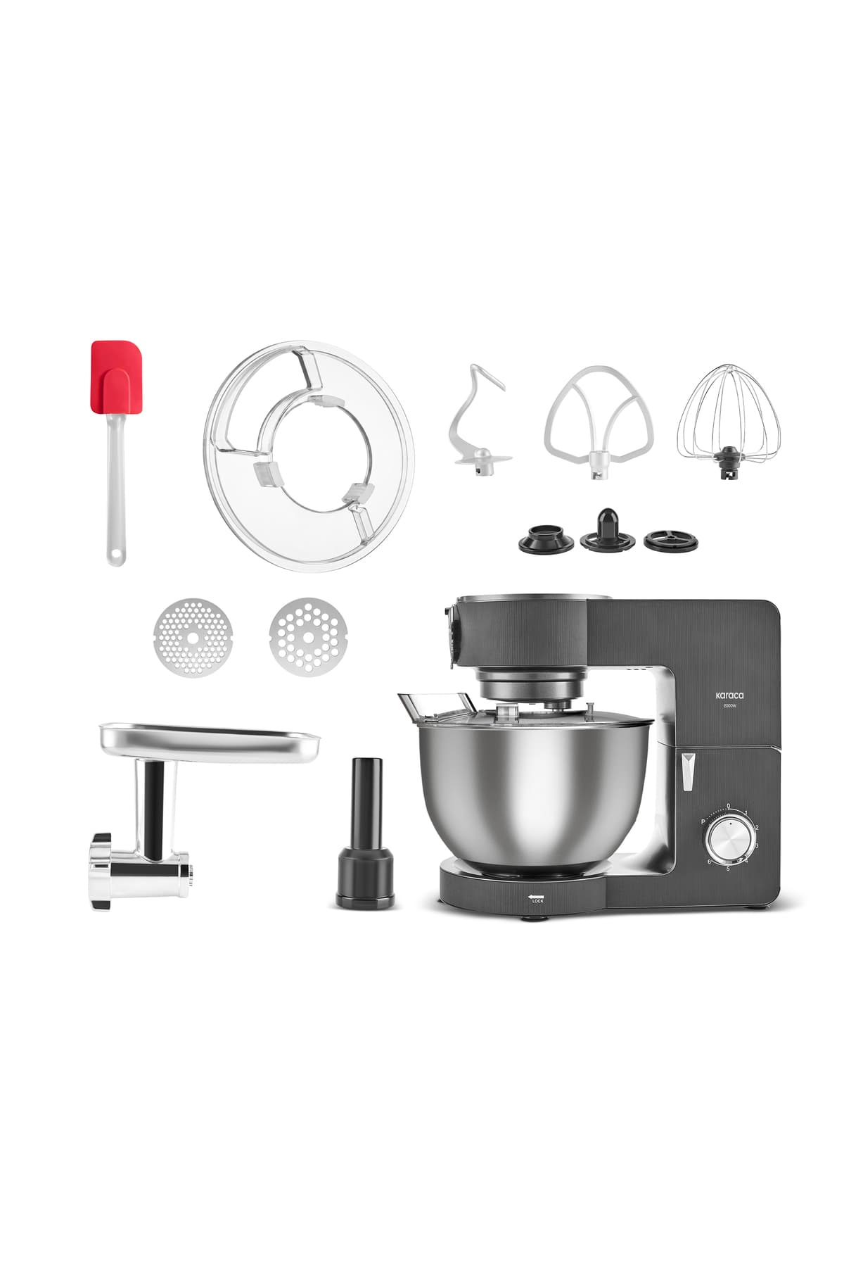Karaca Multichef Ultra Kıyma Çekme/Sucuk-Sosis/İçli Köfte Aparatlı Hamur Yoğurma Makinesi Antrasit 2000W 8L