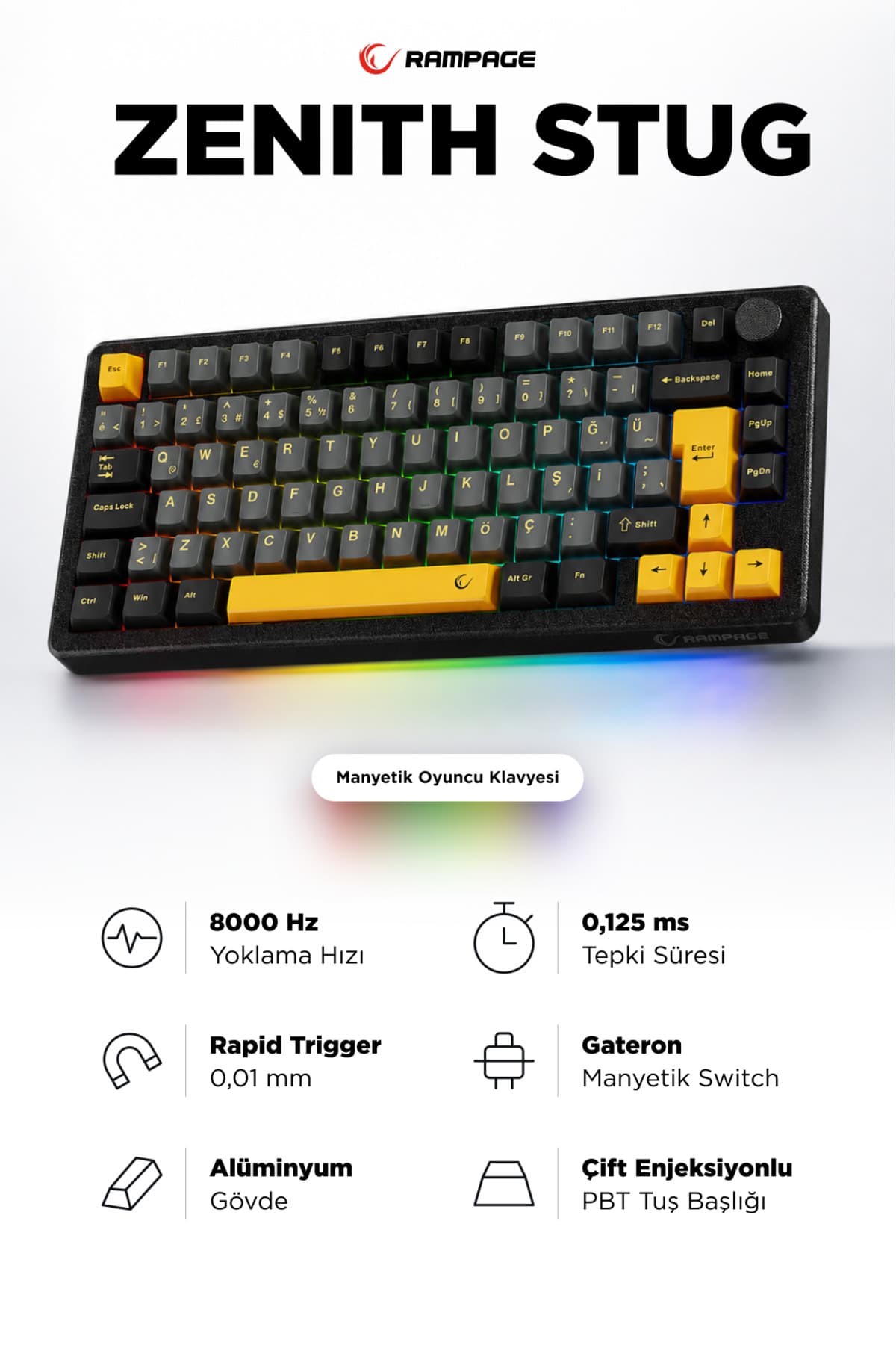 Rampage ZENITH STUG Aluminum Siyah Hot Swap 8000 Hz Gasket Manyetik RGB Rapid Trigger Gateron Switch Klavye