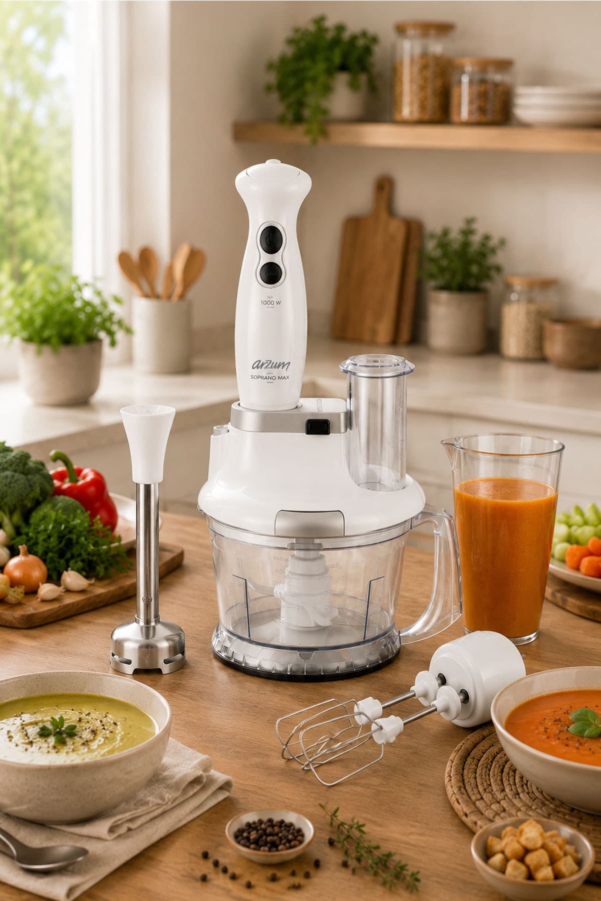Arzum AR1004 Soprano Max Multi Blender Seti 1000 W, 5 Fonksiyonlu, 1500 ml Doğrayıcı Hazne, Beyaz