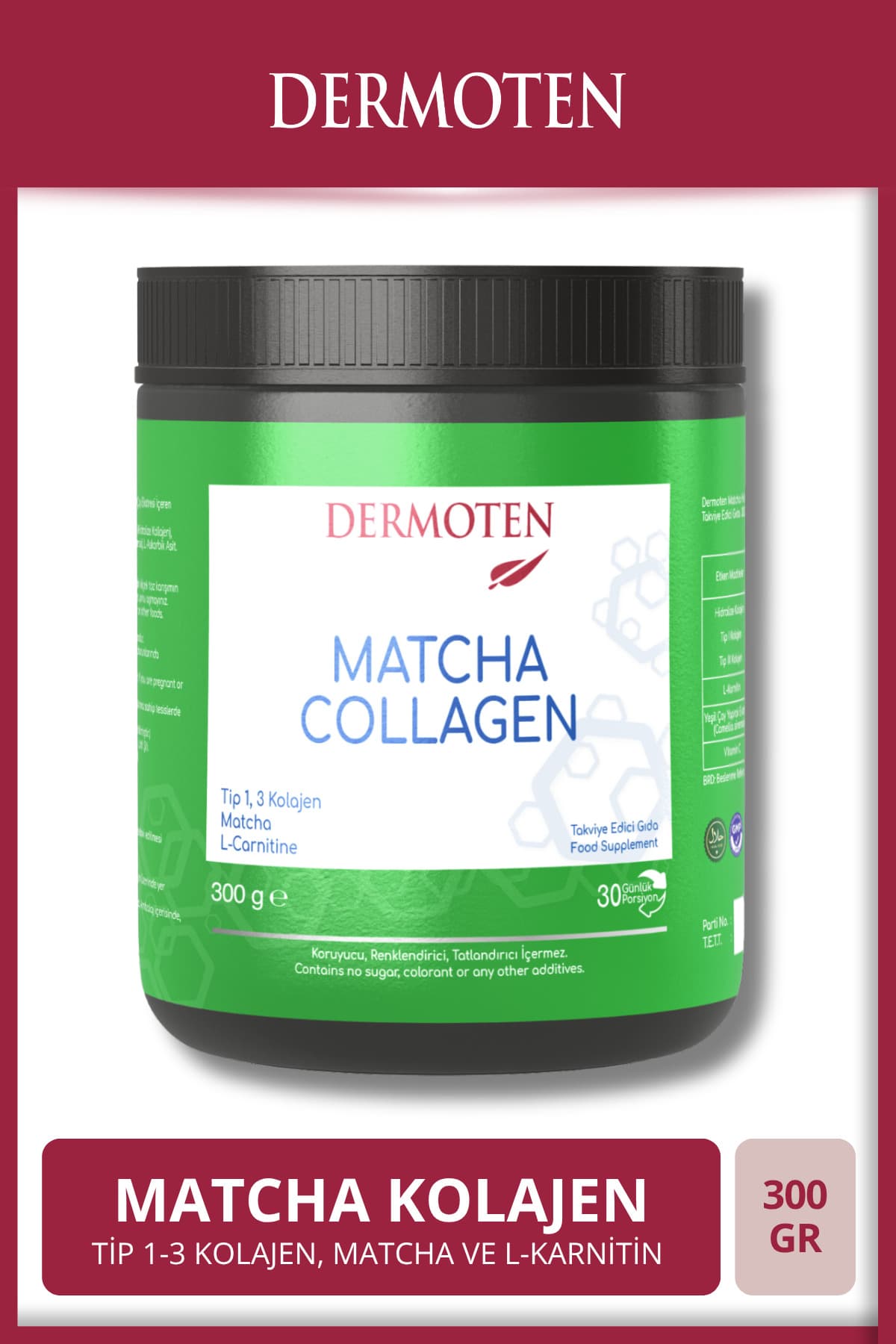 Dermoten Matcha Collagen Toz Kolajen (Tip 1, Tip 3 Kolajen, Yeşil Çay Ekstresi, L-Karnitin) 30 X 10.000 Mg