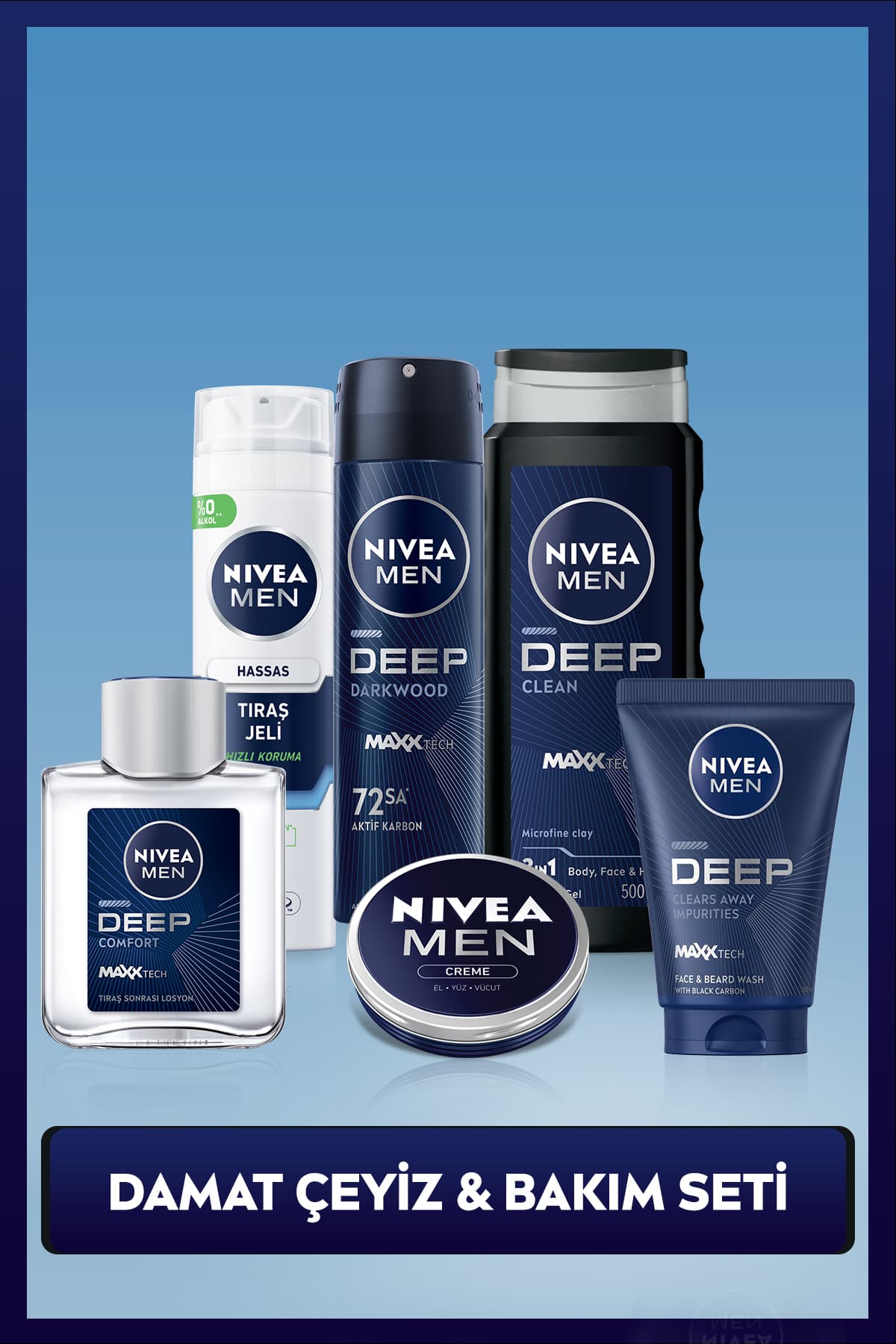 NIVEA MEN Erkek Bakım Çeyiz Seti, Deodorant 150ml, Tıraş Jeli, Losyon, Yüz Temizleme Jeli, Krem, Duş Jeli