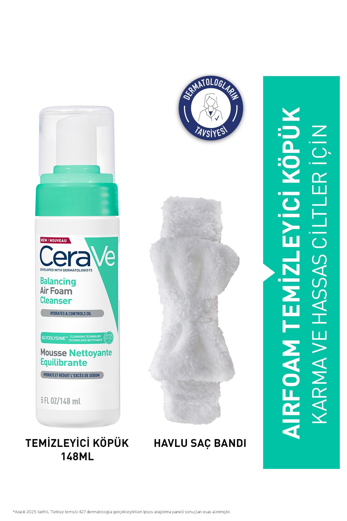 CeraVe Airfoam Karma ve Hassas Cilt Tipleri İçin Temizleyici Köpük 148 ML ve Havlu Saç Bandı Seti