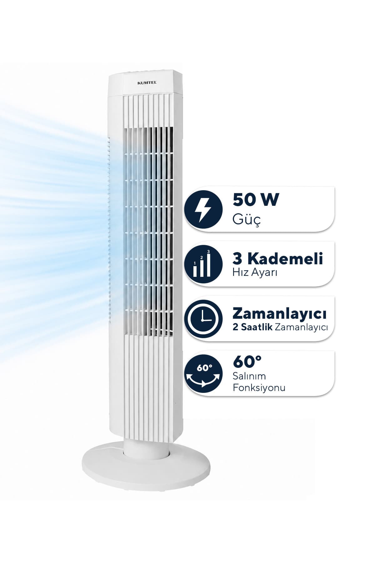 KUMTEL KTF-258W Kule Tipi Beyaz Vantilatör – 50W, Zaman Ayarlı, 3 Hız Kademeli, Sessiz Çalışma