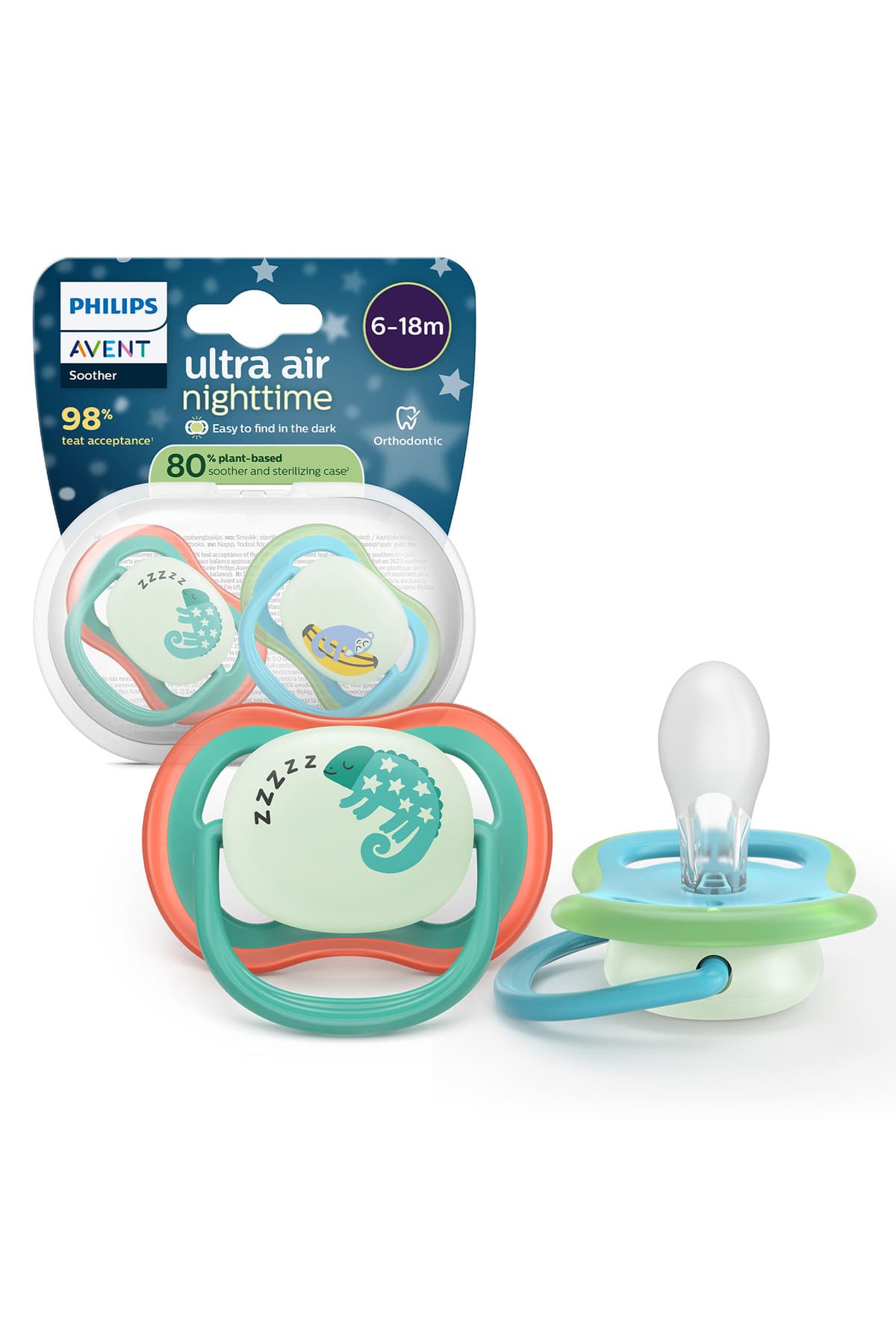 Philips Avent Ultra Air Gece Emziği, 6-18 Ay, Erkek, Karanlıkta Parlayan, OrtodontikYumuşak Silikon Uçlu, BPA İçermez, Hijyen Kutulu, 2'li, SCF376/28