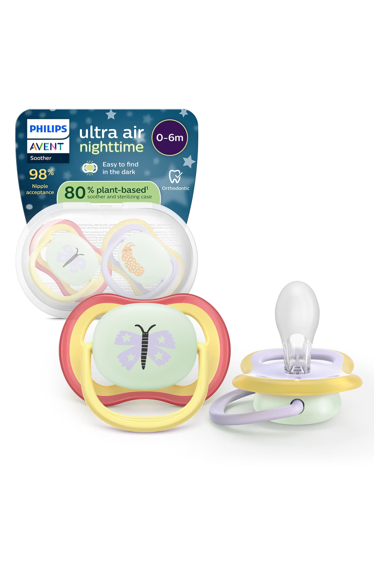 Philips Avent Ultra Air Gece Emziği, 0-6 Ay, Kız, Karanlıkta Parlayan, OrtodontikYumuşak Silikon Uçlu, BPA İçermez, Hijyen Kutulu, 2'li, SCF376/25