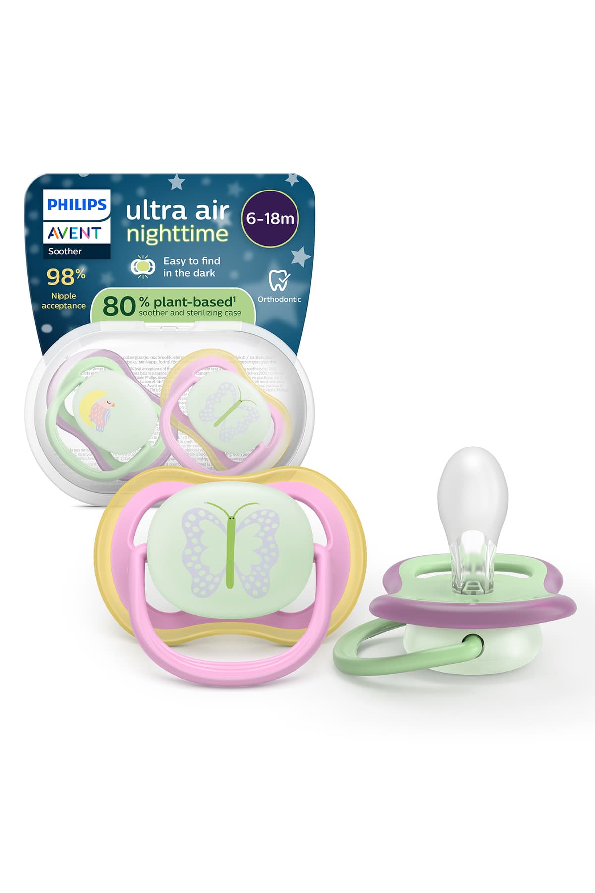 Philips Avent Ultra Air Gece Emziği, 6-18 Ay, Kız, Karanlıkta Parlayan, OrtodontikYumuşak Silikon Uçlu, BPA İçermez, Hijyen Kutulu, 2'li, SCF376/29
